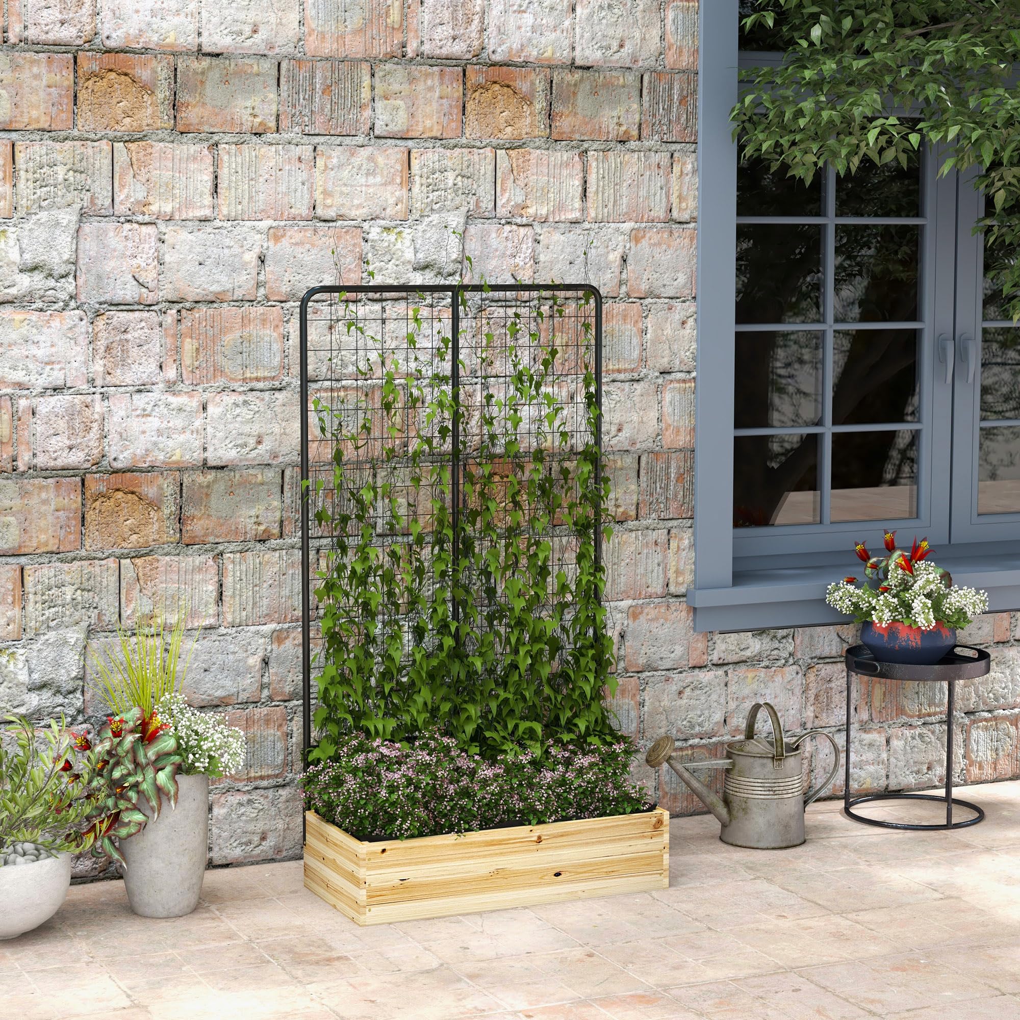 Outsunny Hochbeet mit Rankhilfe Pflanzkasten 80 x 38 x 145 cm Naturholz | Kräuterbeet, Blumenkasten mit Rankgitter, Garten, Balkon