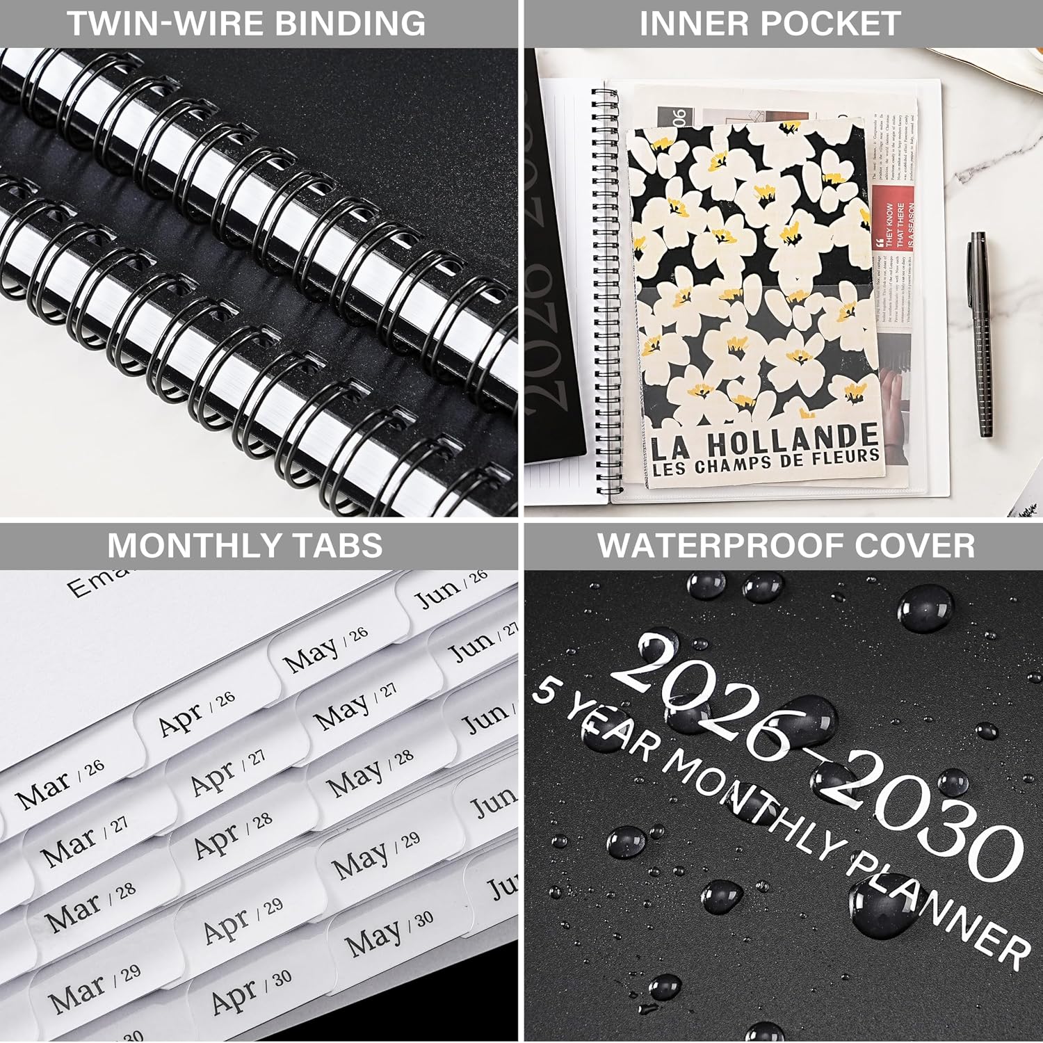 2026-2030 Monthly Planner/Calendar - 5 Year Monthly Planner, Jan. 2026 - Dec. 2030, 9" x 11", 5 Year Calendar Double-Side Pocket + Waterproof Cover