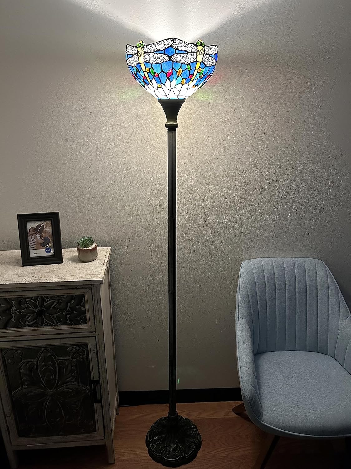 Tiffany Torch Floor Lamps Blue Stained Glass Dragonfly LED Bulb Included for Living Room Dining Room Bedroom 12" W*12" D*66" H