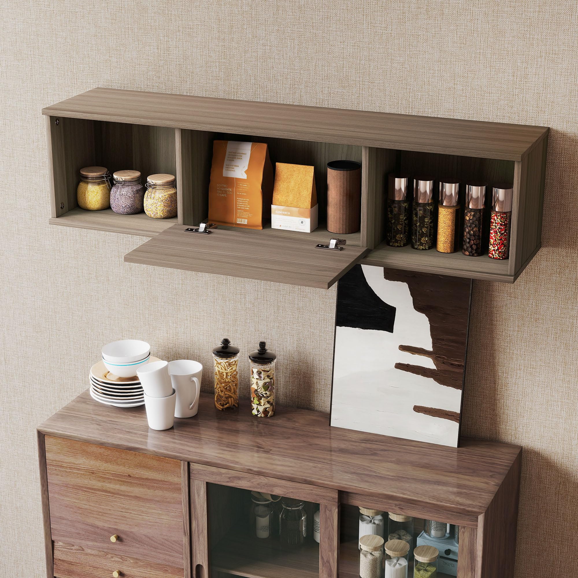 HOMCOM Mobile per TV sospeso 120 cm, armadio da parete, mobile pensile, stile moderno, con 2 scomparti aperti e porta pieghevole, colore: marrone