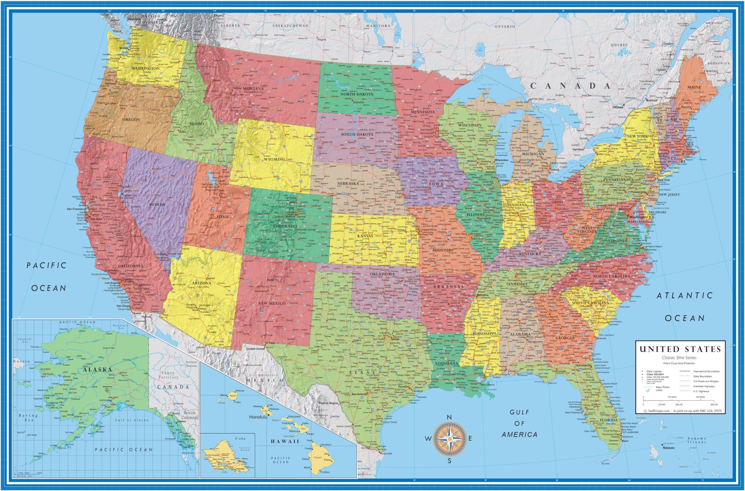 Swiftmaps 24x36 United States Classic Premier Blue Oceans 3D Wall Map Poster, Laminated Edition