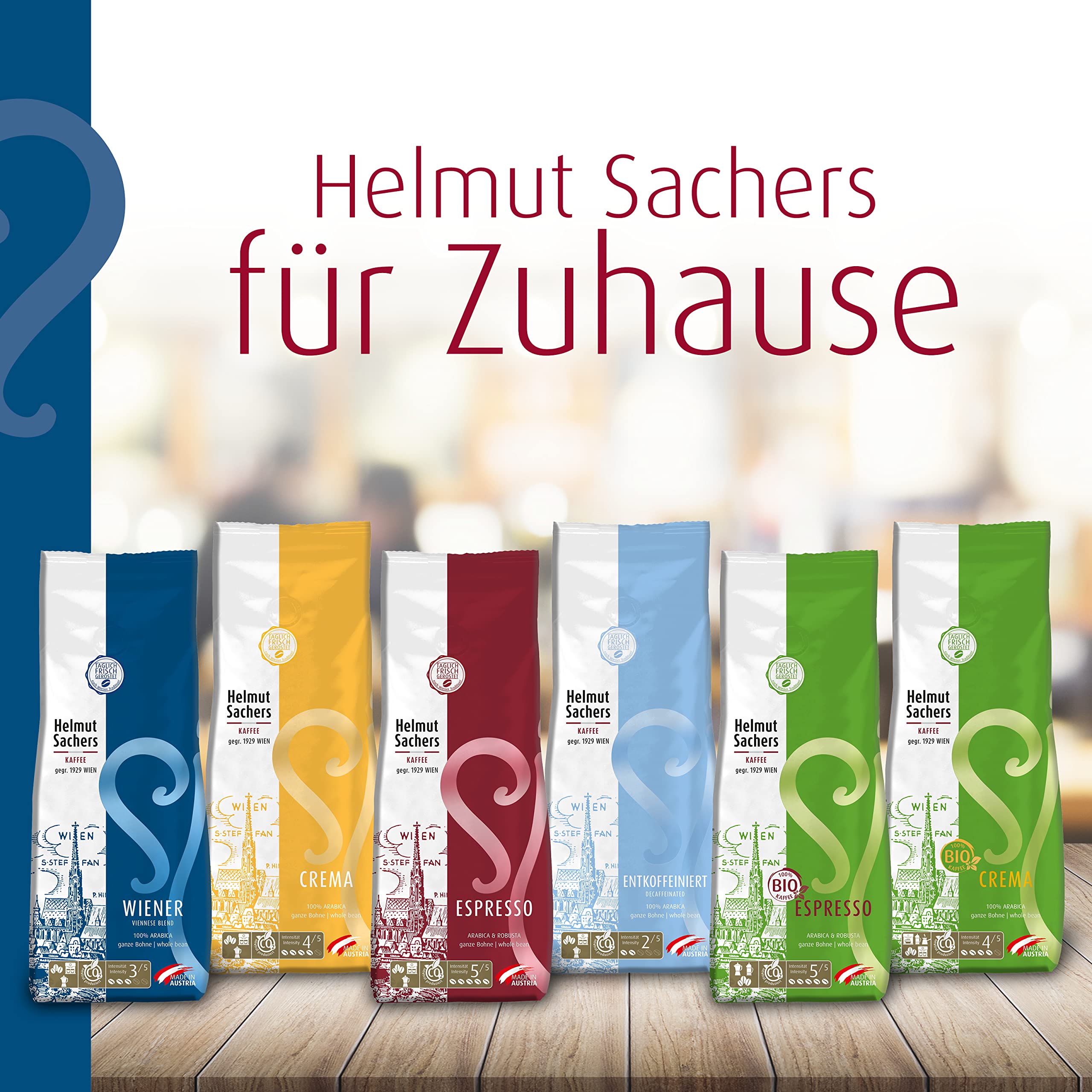 Helmut Sachers Kaffee - Mieszanka wiedeńska, kawa z wiedeńskiego melanżu z najwyższej jakości ziaren Arabica wyżynnej, trwale palona w Austrii - całe ziarna kawy, 6 x 500 g