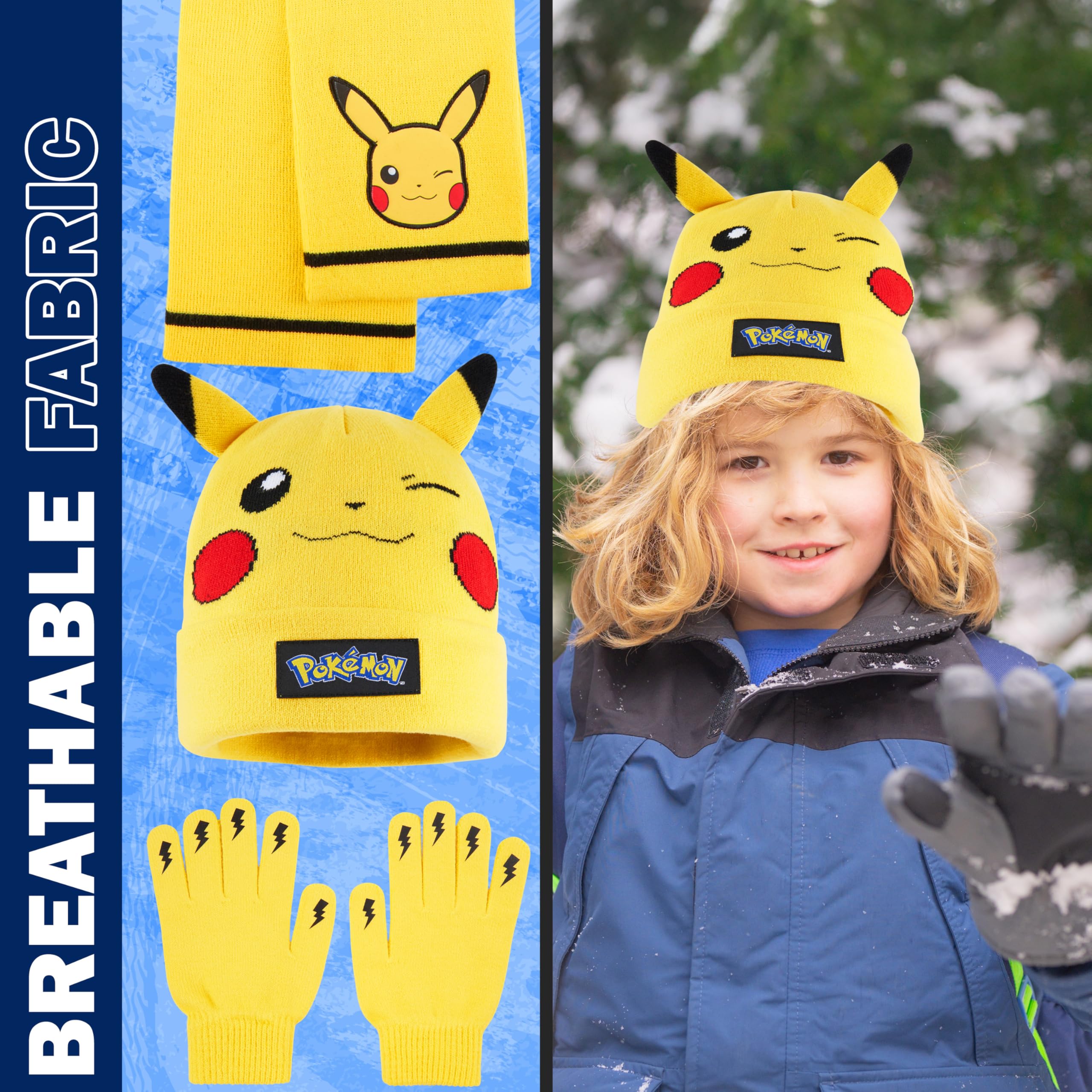 Pokémon Conjunto Bufanda y Gorro y Guantes Niño 8-10 Años, Pikachu Accesorios de Invierno Suave para Frío, Regalos de Anime