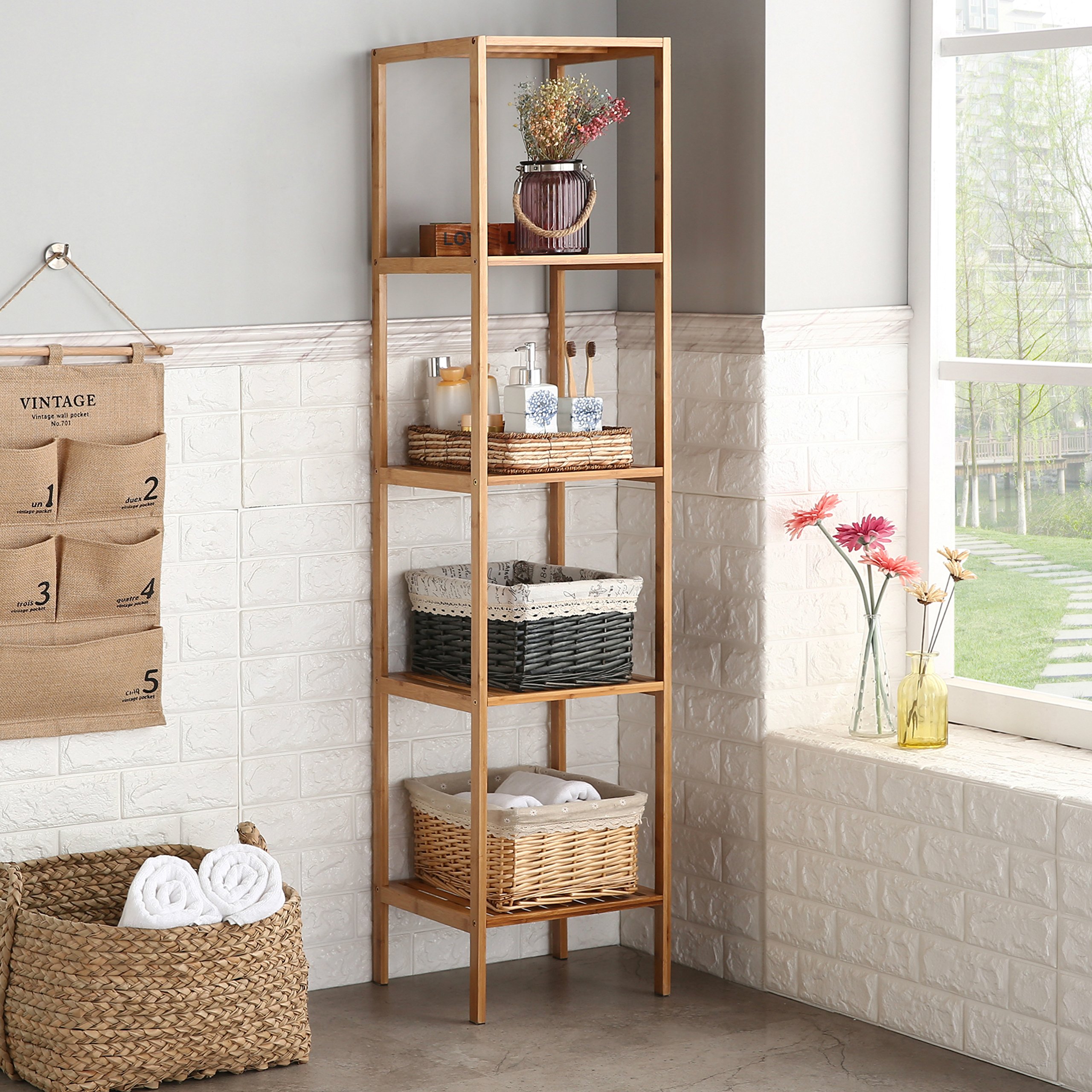 Buy Finnhomy Natural Bamboo Shelf Wood 5 Tier Bathroom Shelf Unit Tower