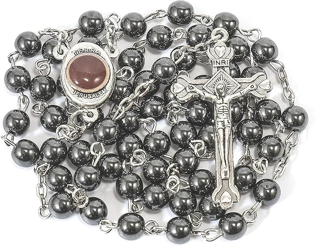 Nazareth Store Hematite Rosary Black Stone Beads Necklace With Jerusalem Holy Soil & Cross Velvet Gift Bag