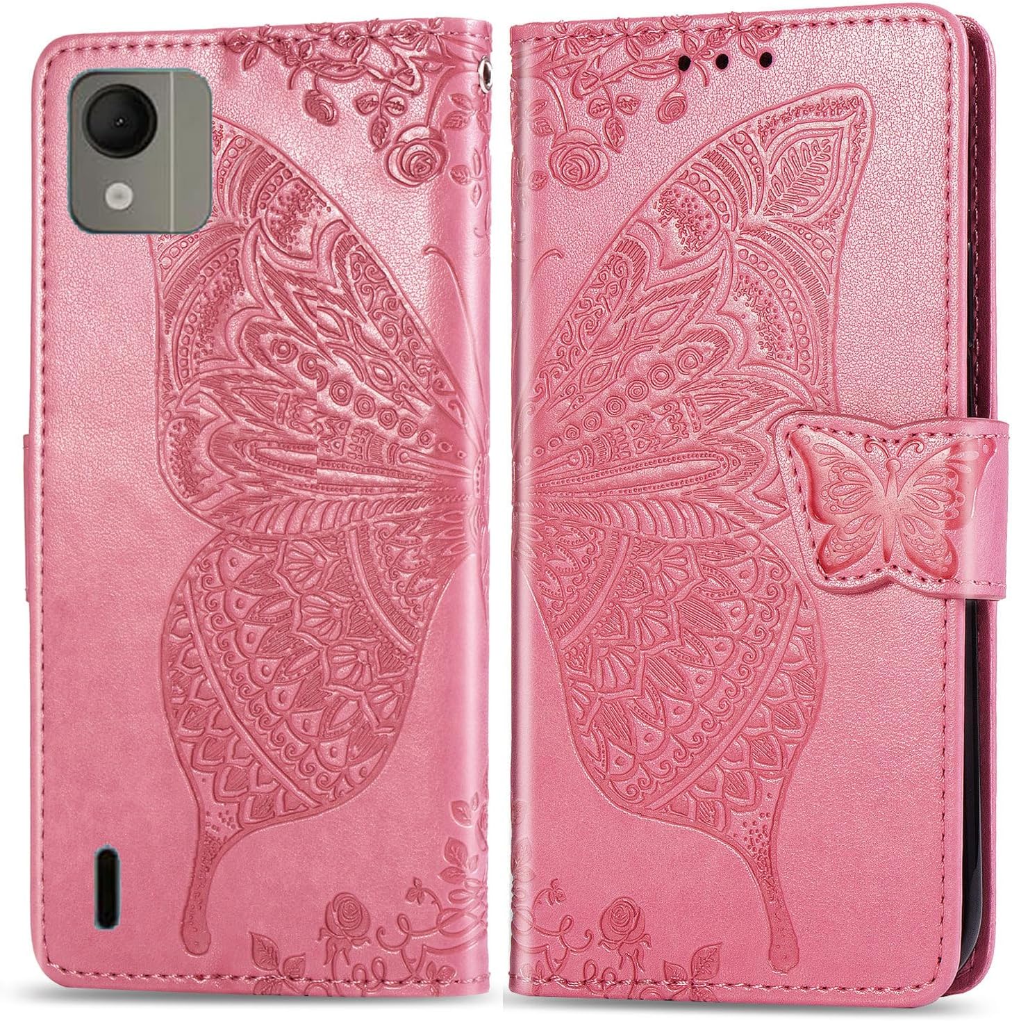 for Nokia C110 Case,Nokia C110 N156DL Phone Case,Butterfly Embossed Flowers PU Leather Magnetic Flip Cover Stand Card Holders & Hand Strap Wallet Purse Case for Nokia C110 N156DL -Pink