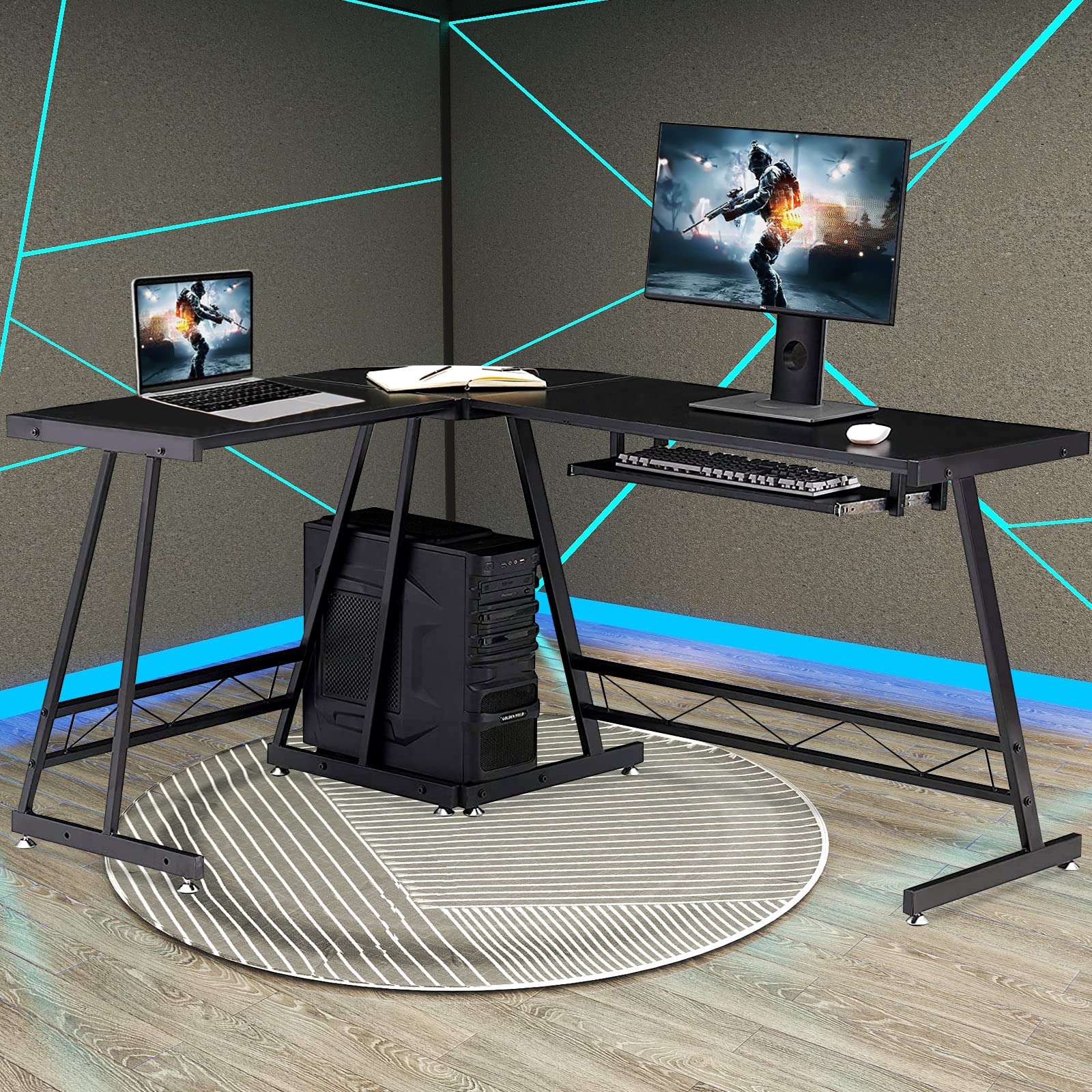 L-Shaped Computer Desk with CPU Stand Home Office Gaming Desk Writing Table Interchangeable Switch Board Computer Workstation PC Laptop Table with Keyboard Tray, Round Corner (Jet Black)