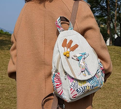 Vista 182 de HUANGGUOSHU Mujer de algodón tejido bohemio cáñamo Boho lona bordado múltiples bolsillos retro linda mochila cartera mochila mochila gato caprichoso