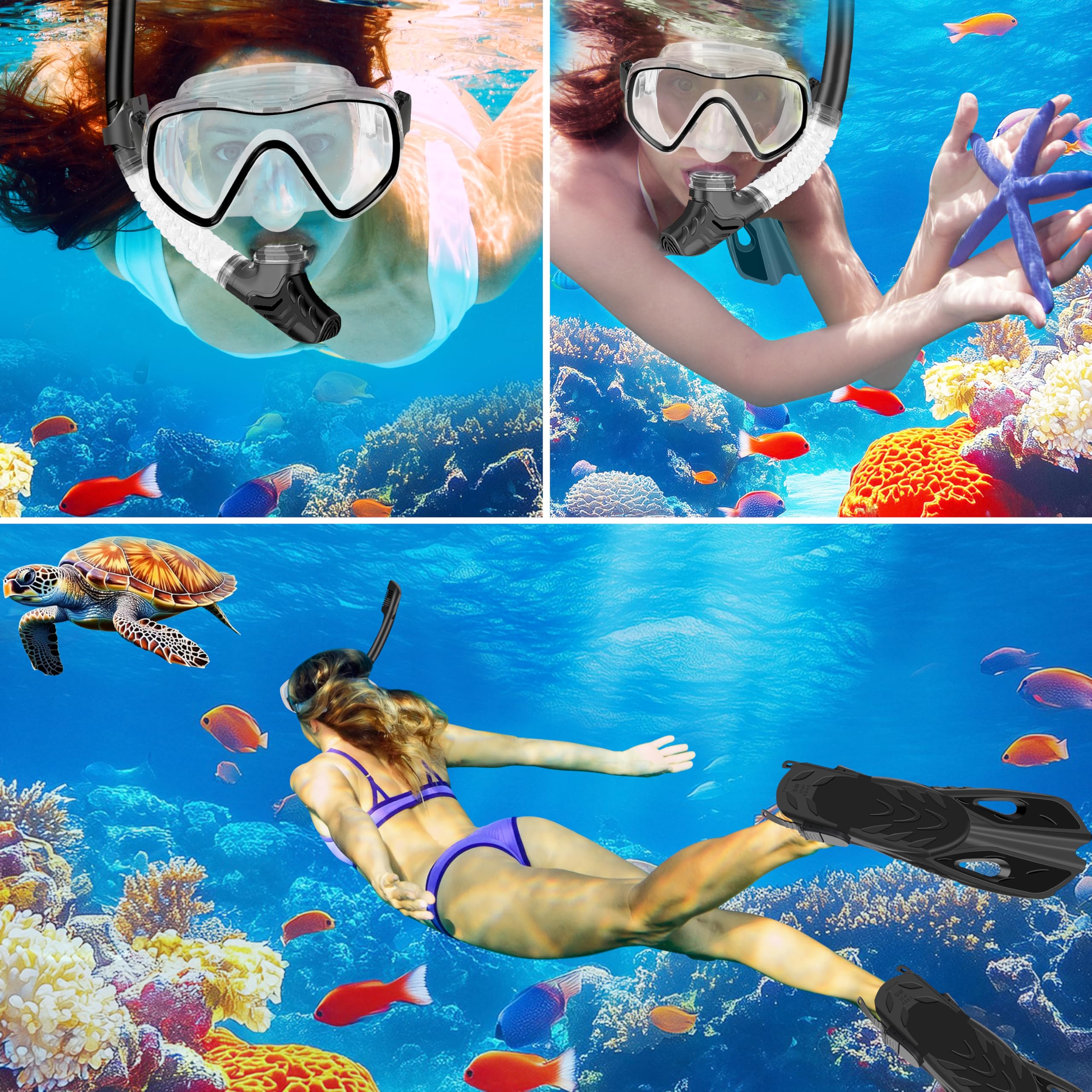 IEEILULU Schnorchelset Erwachsene, 7-teiliges Schnorchelausrüstung mit Anti-Fog Taucherbrille, Flossen, Trockenschnorchel, wasserdichte Handyhülle Ohrstopsel und Tragetasche