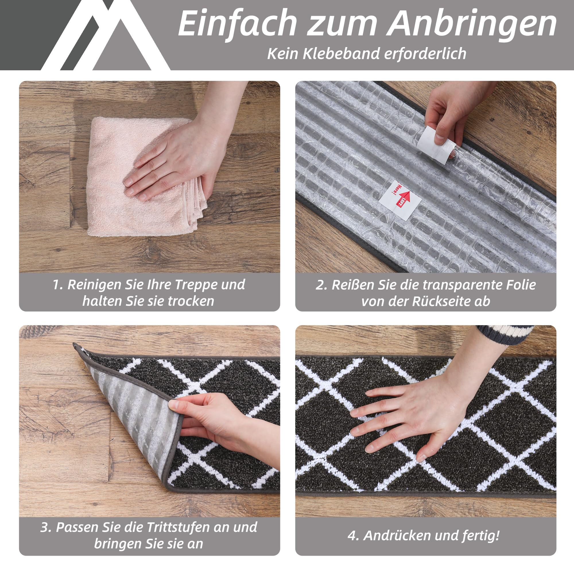 COSY HOMEER 15 Stück Treppenstufen Matten, 70 x 22cm Anti Rutsch Stufenmatten Selbstklebend, Maschinenwaschbar, 100% Polyester, TPE-Rücken, Ideal für Kinder, Senioren und Haustiere, Schwarz Weiß