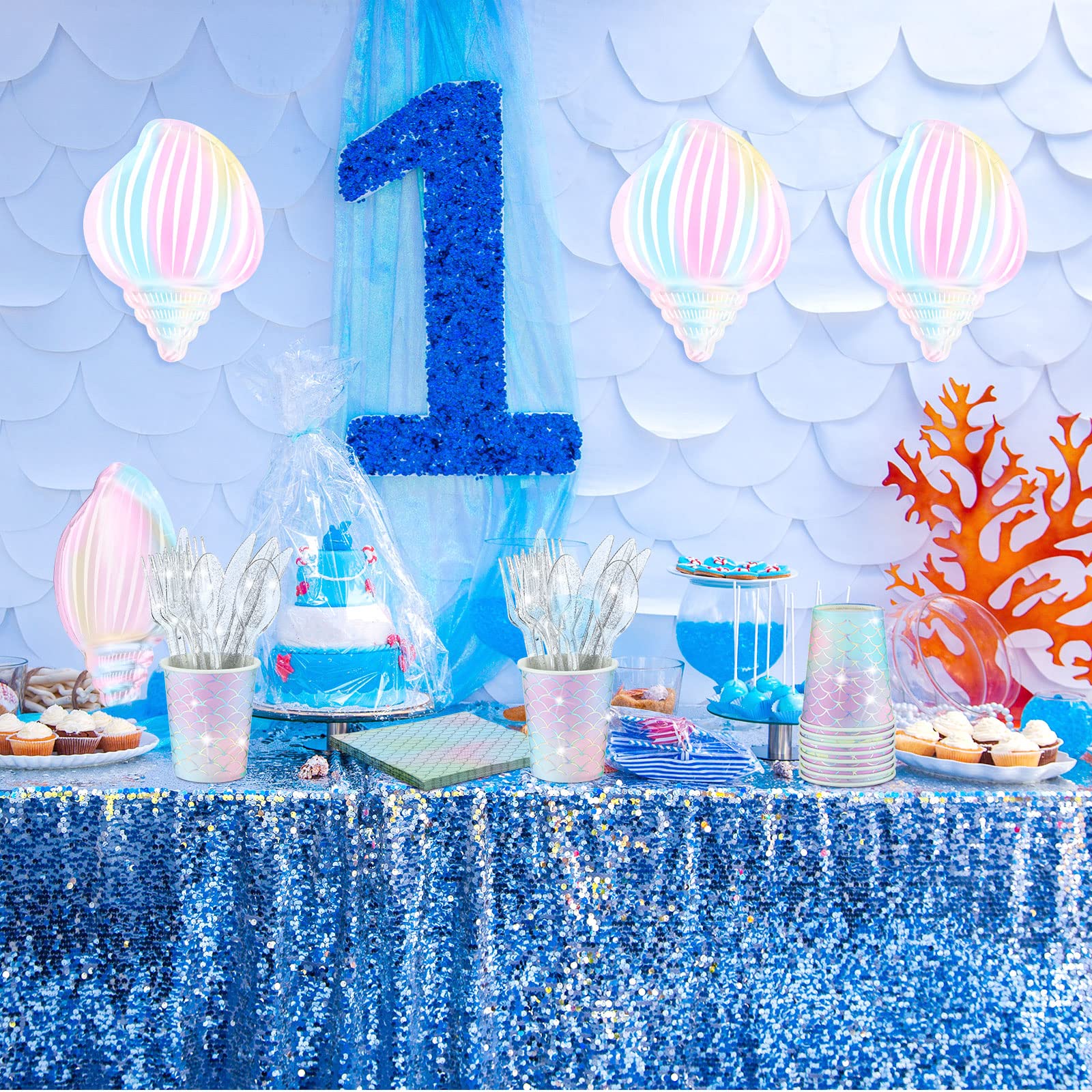 Set Decoración Cumpleaños Sirena - Vajilla Desechable Para 16 Personas | Platos, Vasos, Mantel, Guirnalda Y Globos