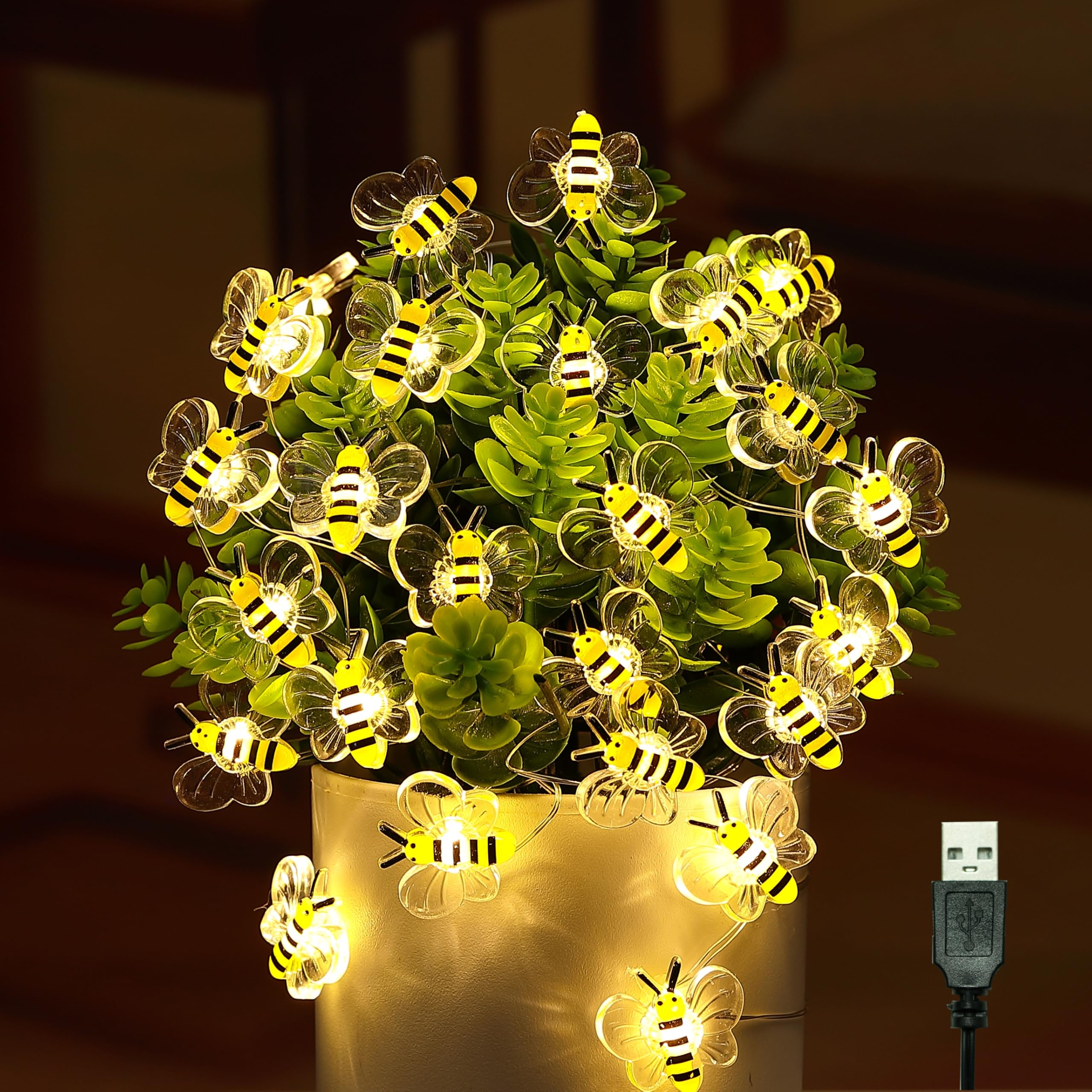 Yoitomehy Bee Decor USB String Lights 10Ft 30 LEDs Bee Bumble Whimsical Decorations Honey Gifts for DIY, Home, Classroom, Birthday, Kids Room, Garden, Baby Shower, Party