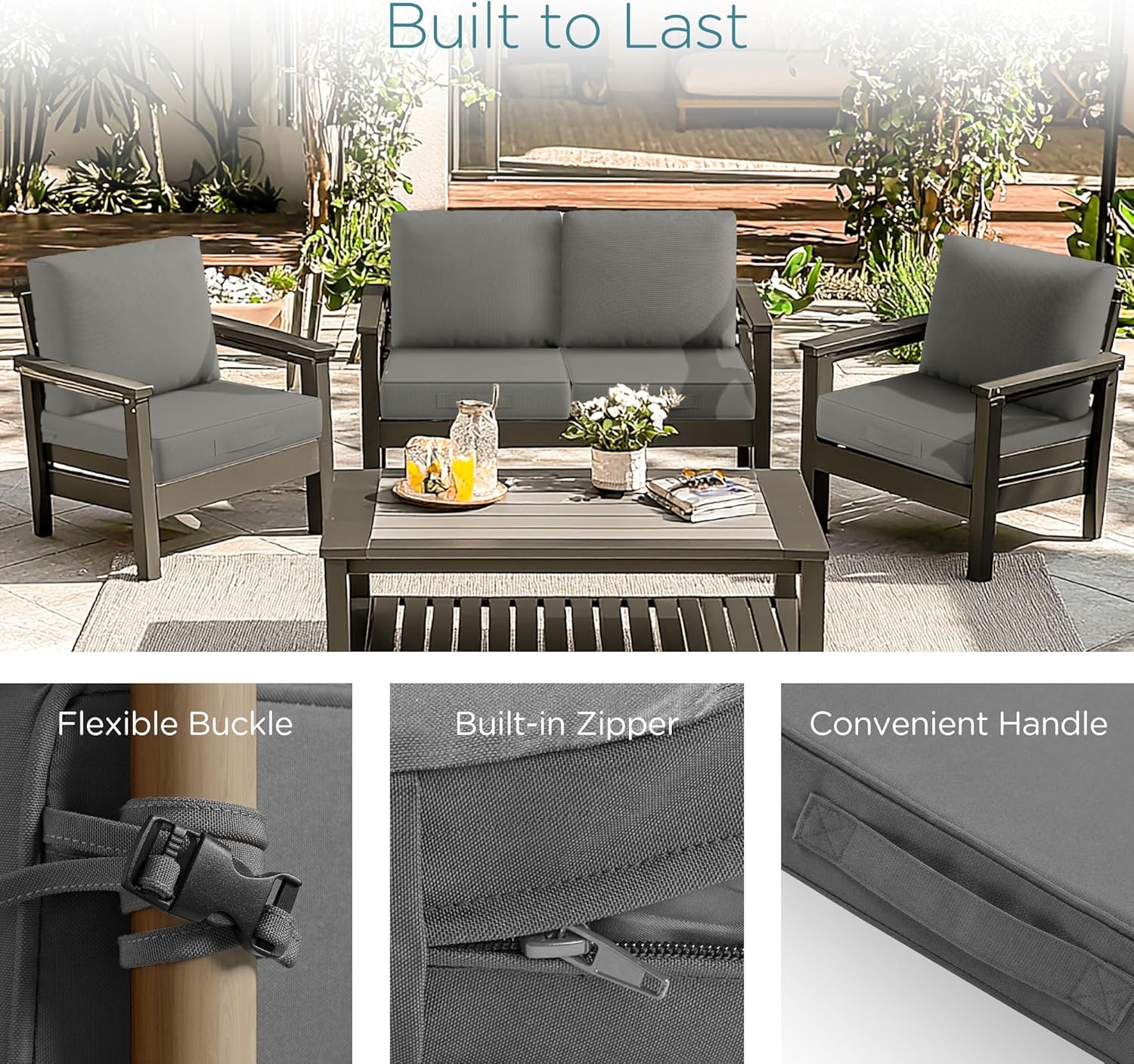 Codi Outdoor Chair Cushions for Patio Furniture 24x24, Waterproof Deep Seat Cushion Replacement for Outside Couch, Sofa, Washable Removable Cover with Handle & Adjustable Straps, Grey