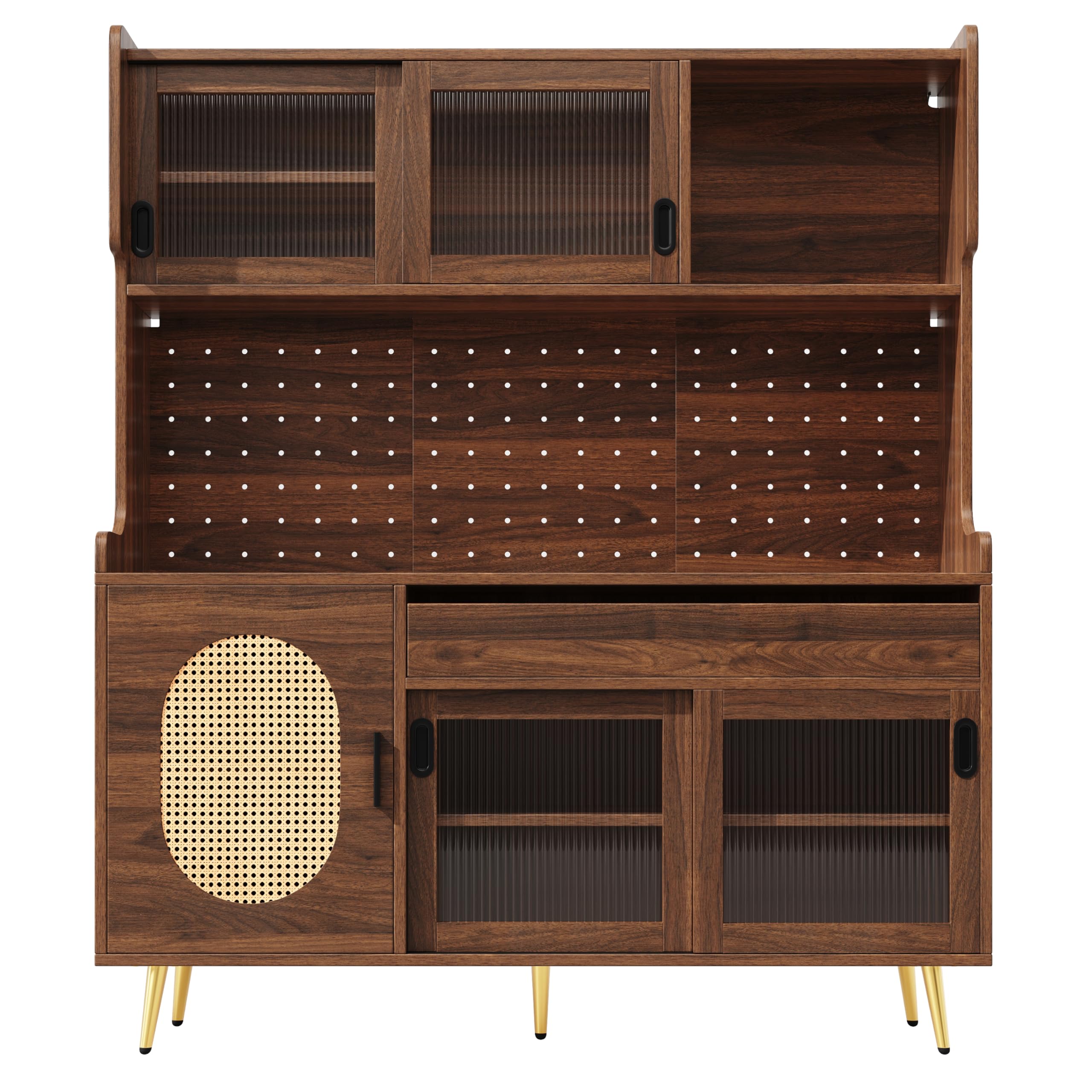Armadio da cucina con LED e porta in vetro, stile rustico, credenza per cucina con piani di lavoro, porta scorrevole, grandi cassetti, ante in rattan, parete forata, armadio alto, 145 x 39 x 171 cm