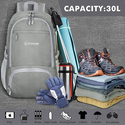 Miniatura 3 de Zomake - Mochila de senderismo plegable resistente al agua, mochila ligera de 30 litros para viajes, color gris plateado