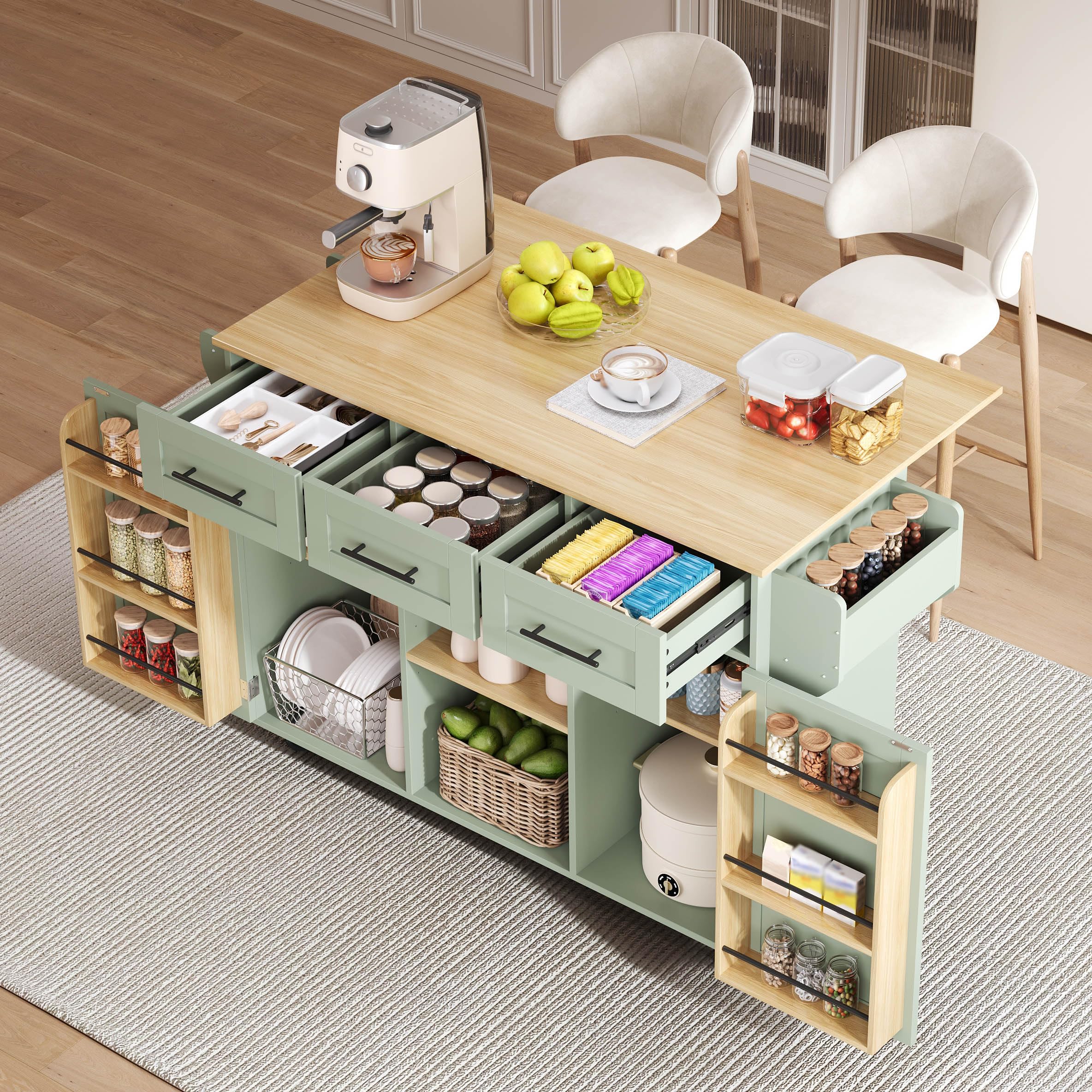 Shye Carrello da pranzo/credenza, corpo verde, piano di lavoro effetto legno, piano di lavoro pieghevole, porta portaoggetti, ruote, piedini in legno massiccio intercambiabili, 139 x 46 (71) x 91,5 cm