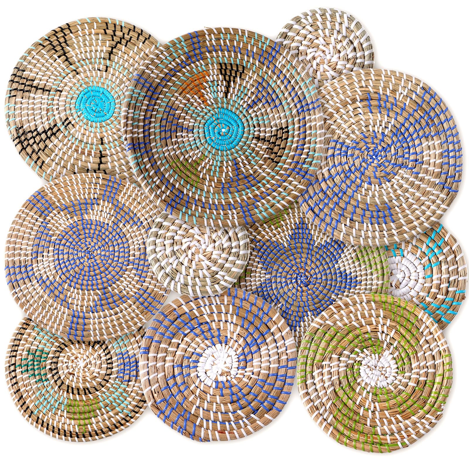 Tatuo 11 Pcs Boho Wall Basket Decor Decorative Bulrush Woven Basket Wall Decor Art Round Farmhouse Hanging Baskets for Kitchen Rustic Home Summer Decorations, Multi Sizes(Multicolour)