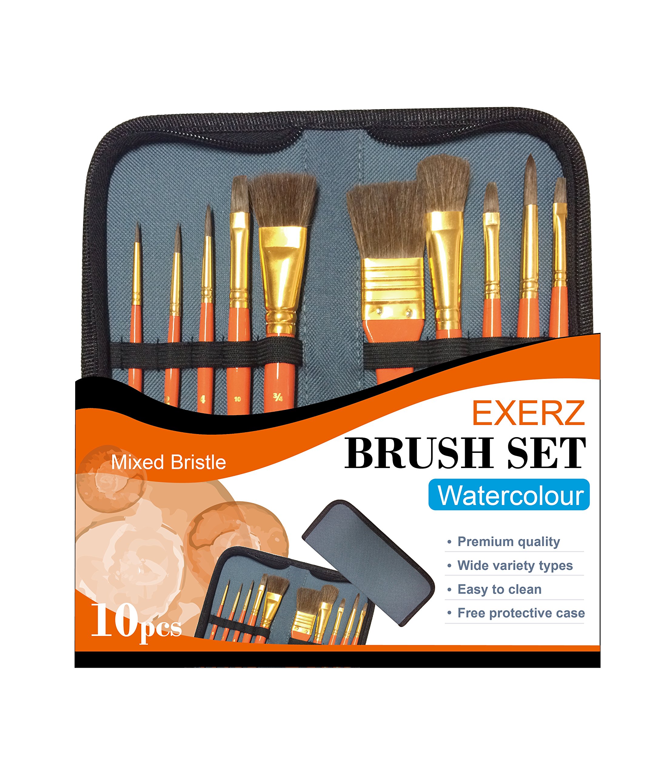 Exerz Jh23 Watercolour Artist Paint Brush Set – 10 Pcs Professional Mixed Bristle Brushes In A Travel Case/Perfect For Watercolour Acrylic Gouache - Watercolour