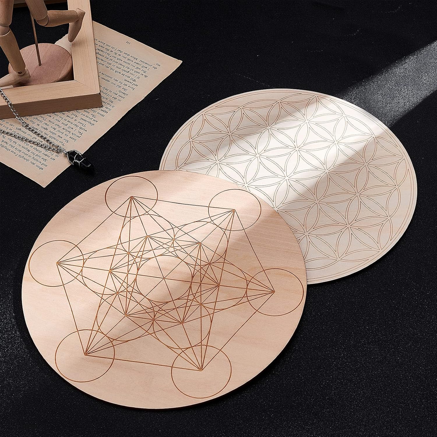 GORGECRAFT Star Pendulum Board Wooden Divination Metaphysics Message Board Wood Carving Board Divination Witchcraft Altar Coaster Eco-Friendly Anti-Scalding Flat Round Shape 7.8inch BurlyWood - Image 5