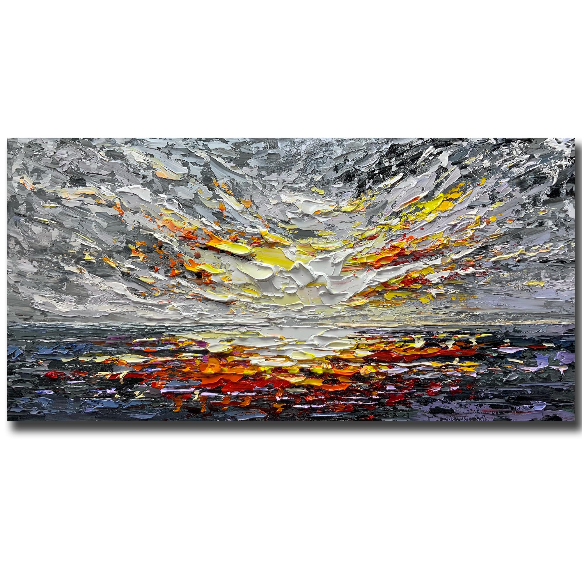 V-inspire Art,Modern Abstract Hand Painted Oil Painting - Sunset Glow - 24x48 Inch Acrylic Canvas for Living Room Bedroom Dining Room Office Home Decor