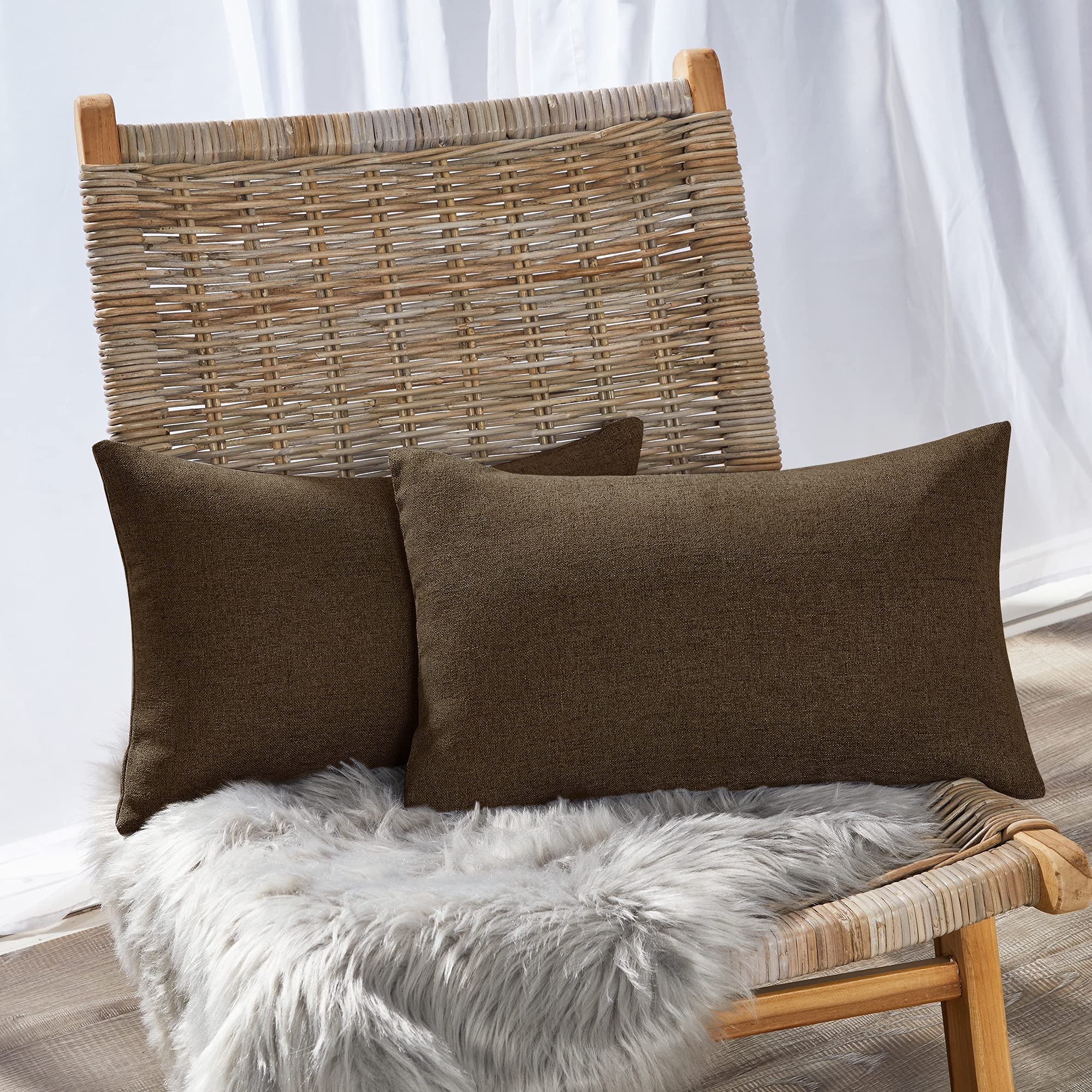 Deconovo Set of 2 Rectangular Cushion Covers, Faux Linen Throw Pillow Cases for Livingroom Sofa with Invisible Zipper, 12x20 Inch, Dark Flax