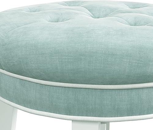 Miniatura 5 de Hillsdale, Sophia Taburete redondo de madera capitoné y tapizado sin espalda para sala de maquillaje o baño, color azul spa