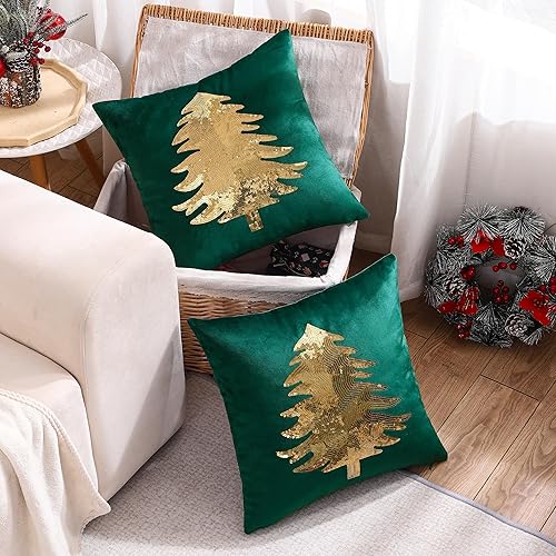 Miniatura 3 de Fundas de almohada de Navidad de 18 x 18 pulgadas, juego de 2 fundas de almohada verde oscuro con lentejuelas para árbol de Navidad, decoración de