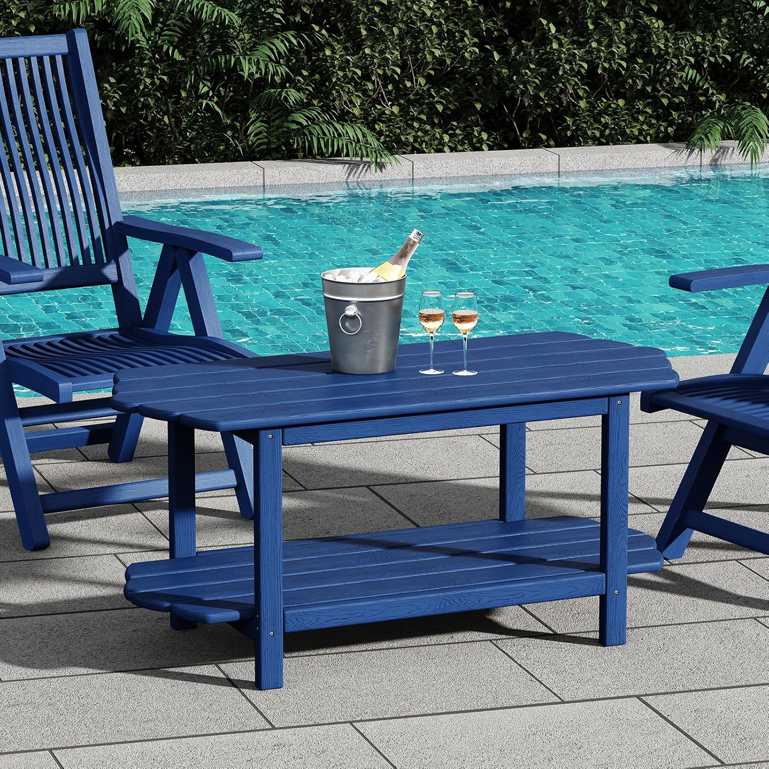 2-Tier Patio Table - Outdoor Coffee Table - Adirondack Deck Table - HDPE Pool Side Table - Blue - 17.7 x 39.4 inches