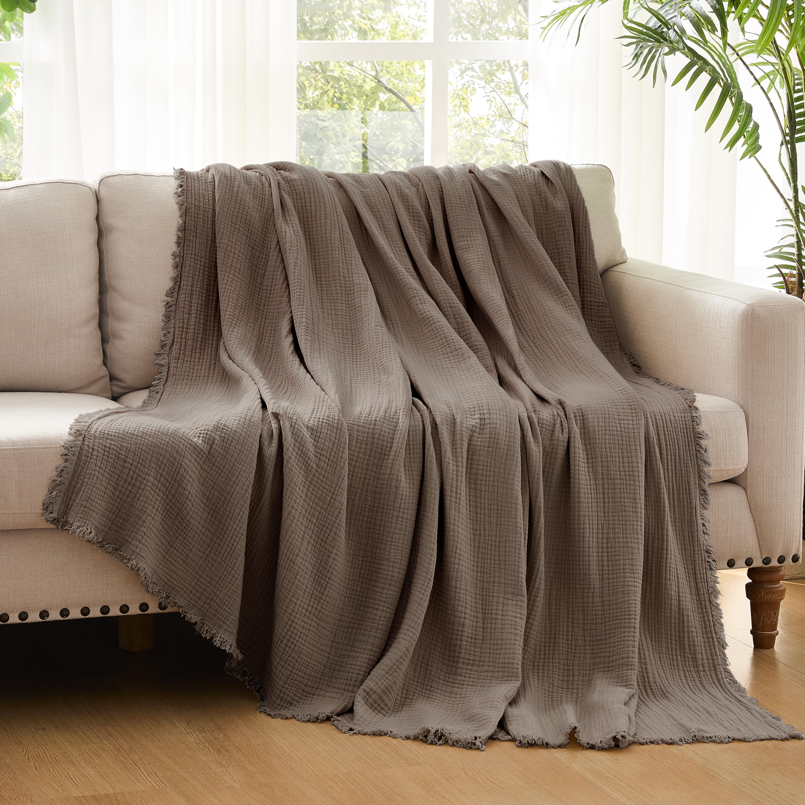 R.SHARE Manta de Muselina 100% Algodón para Adultos 225x270cm 4 Capas Colcha Cama 130x150cm Verano Primavera Suave Ligera y Transpirable Manta para Sofá Cama, Moca