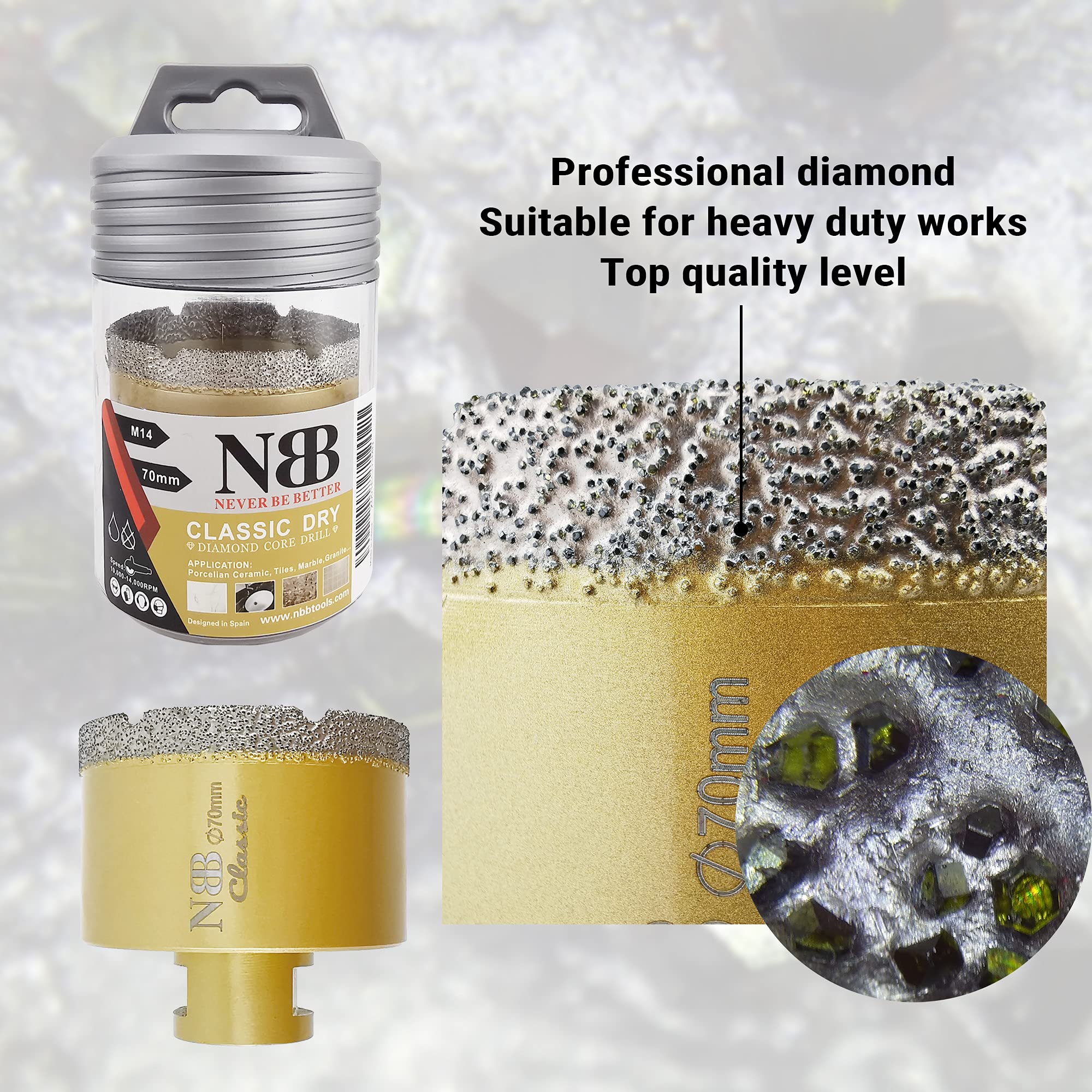 NBB vacuum brazed diamond hole saw with M14, Classic Golden type - Image 3