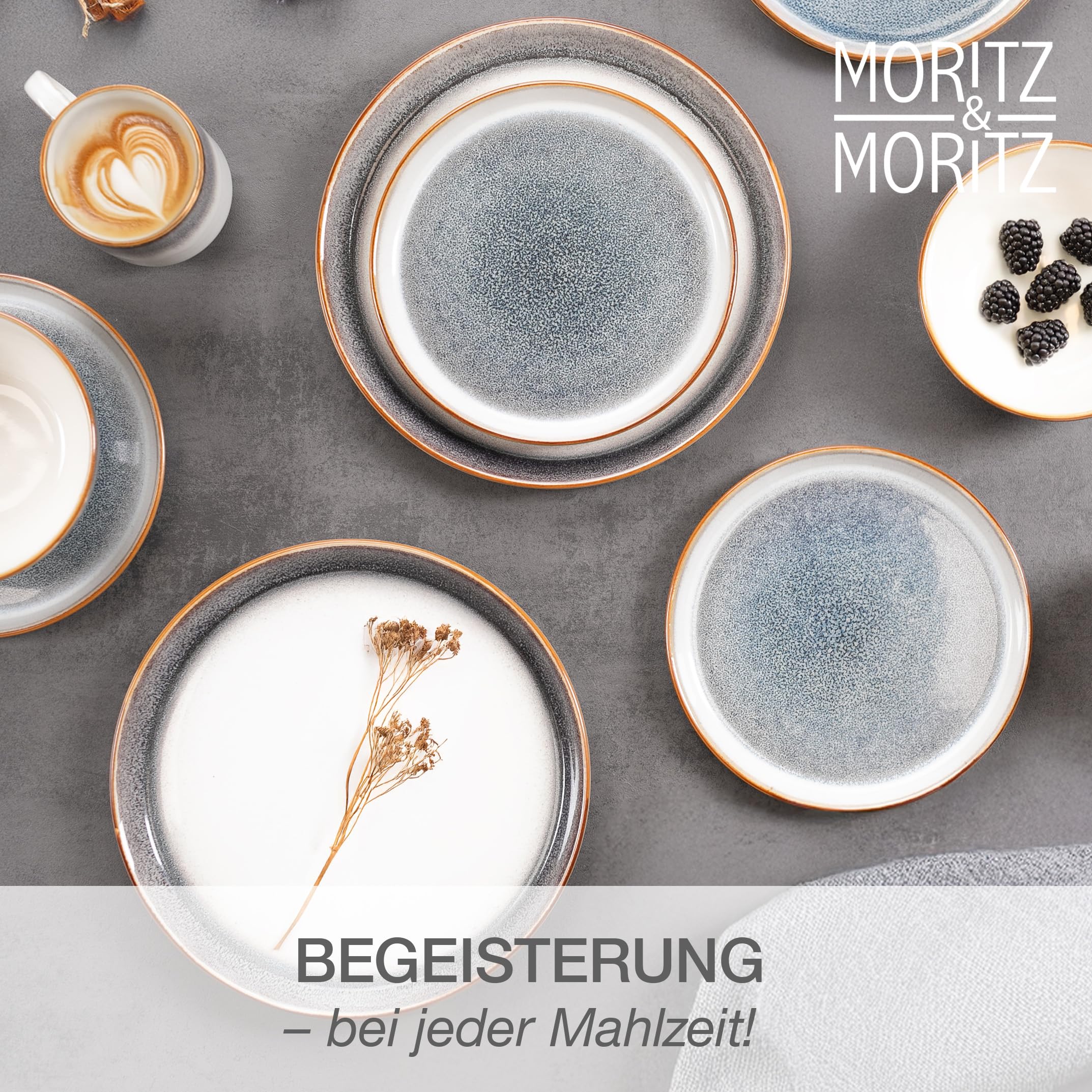 Moritz & Moritz TARENTO 48-tlg. Geschirrset 12 Personen Grau - Elegantes Teller Set aus hochwertigem Steinzeug - Geschirr Set aus 12x Dinnerteller, 12x Dessertteller, 12x Suppenteller & 12x Tassen