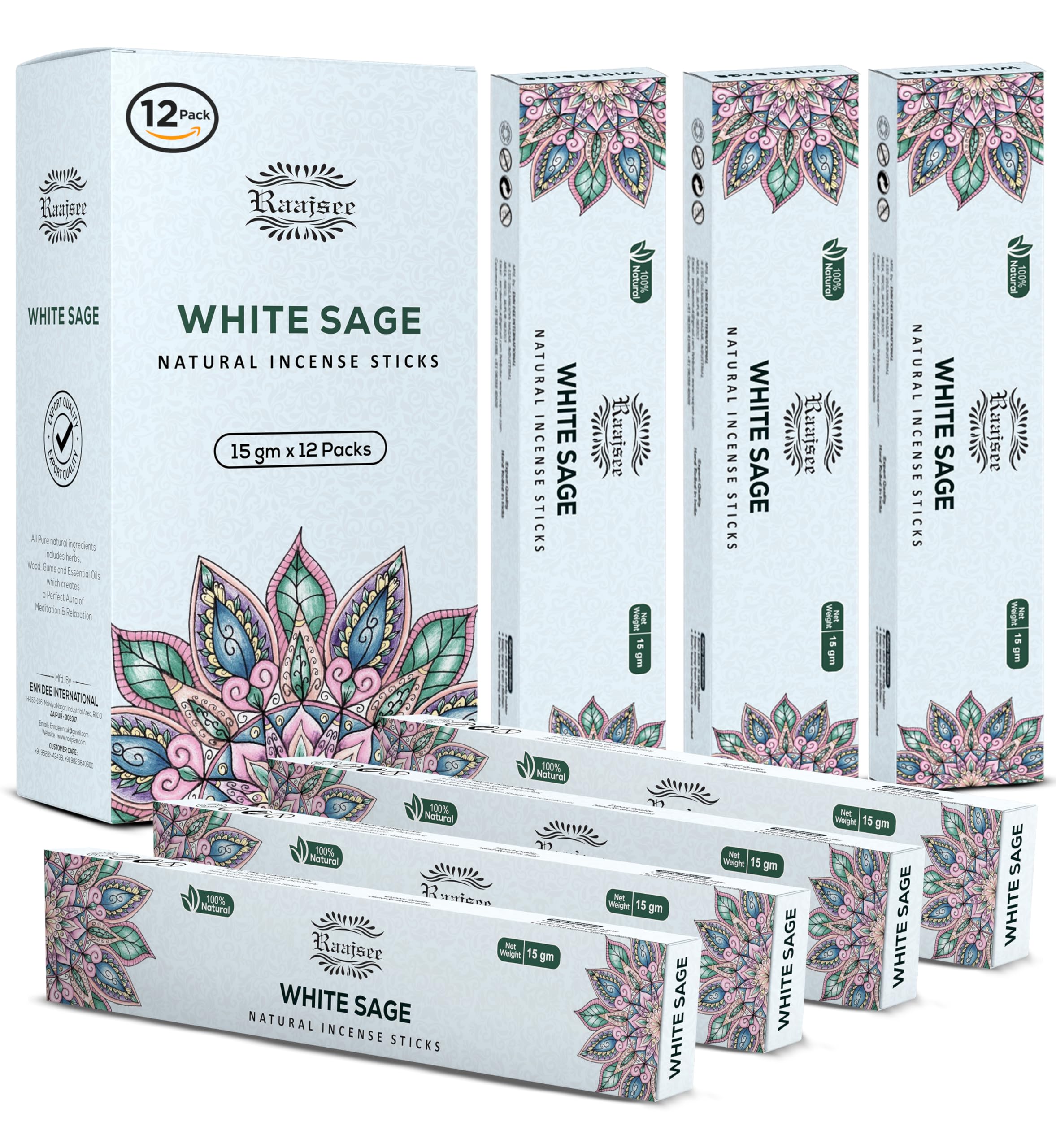 Raajsee White Sage Incense Sticks (180 gm), 100% Pure Organic Natural Hand Rolled Free from Chemicals - Perfect for Aromatherapy, Cleansing, Meditation, and Church (Pack of 12)