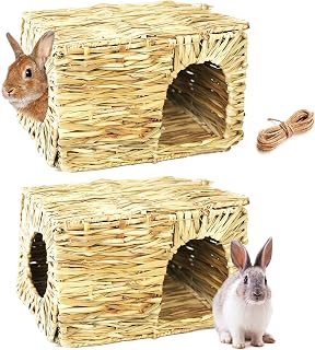 (2 Pack) Hand-Crafted Large Grass House - Edible, Safe, and Comfortable Natural Grass Hideaway and Playhouse for Rabbits and Guinea Pigs - Foldable Grass Bunny Hut with Openings and Free Twine