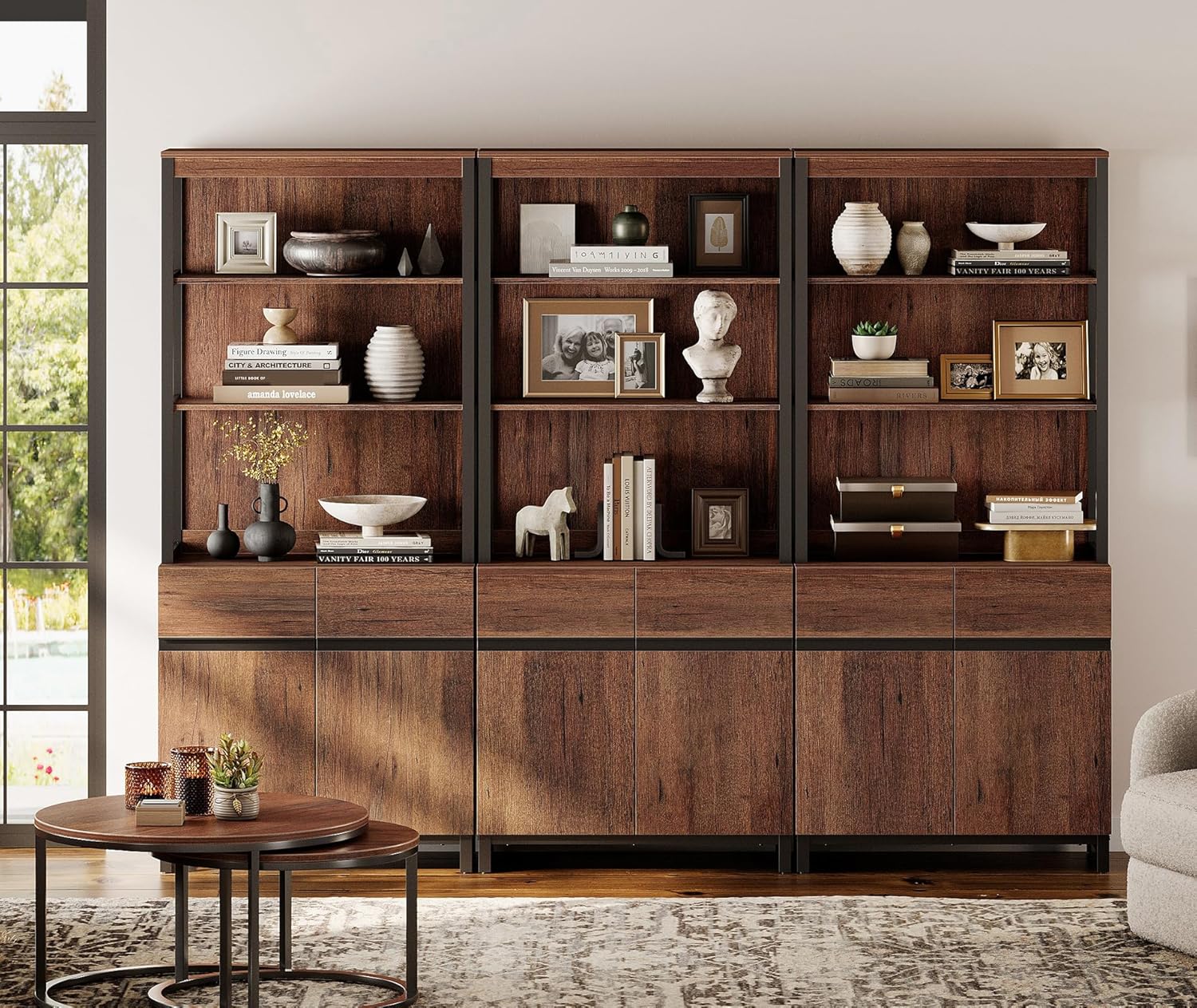 WAMPAT 3 PCS Modern 72" Tall Bookshelf with Metal Base and Adjustable Shelves, Library Bookcase with Storage Cabinet and Open Book Shelfs, Wood Bookshelves for Home Office, Living Room, Brown