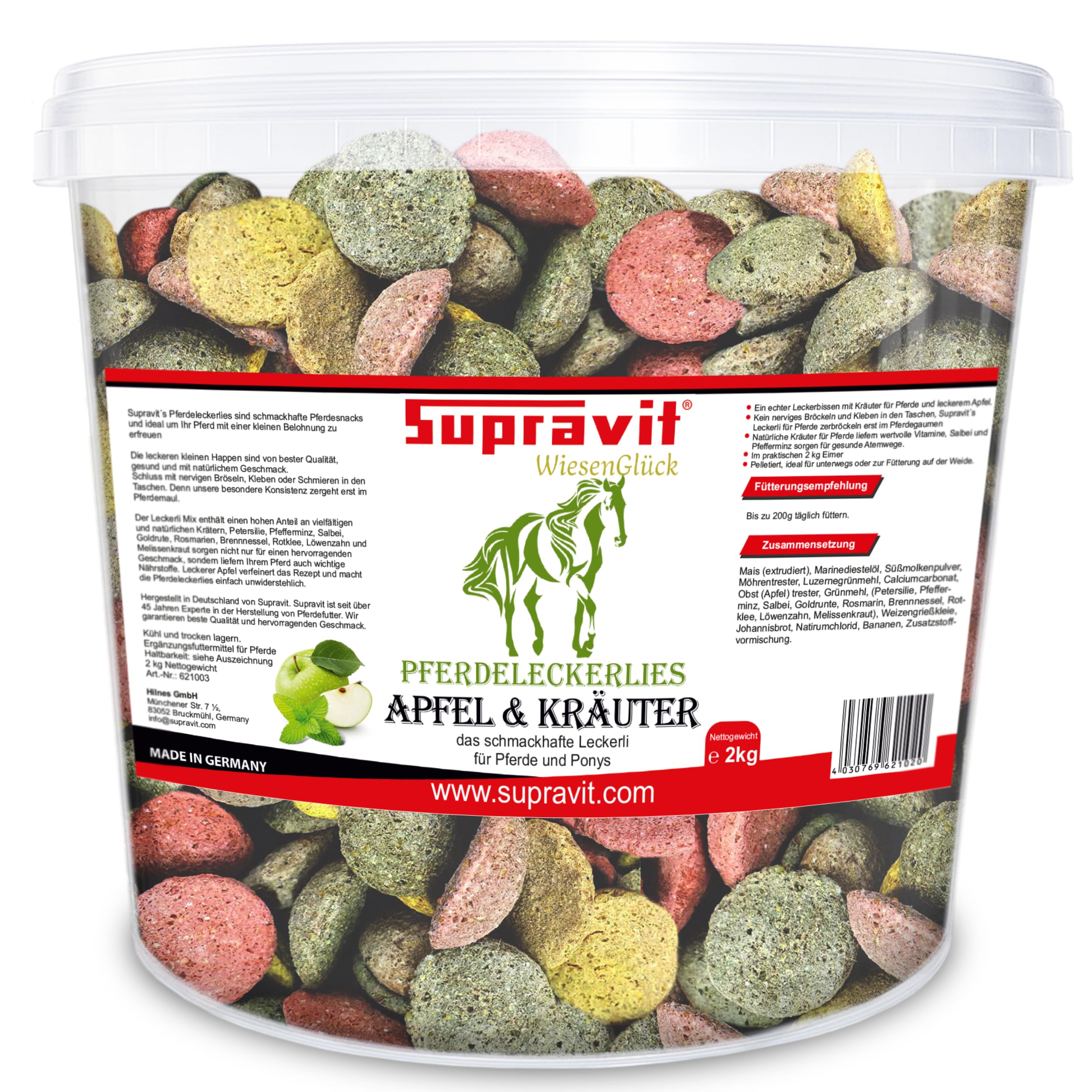 Supravit Pferdeleckerlies Apfel & Kräuter 2kg – natürliche, zuckerfreie Pferde Leckerlis | aromatische Apfel-Kräuter Snacks für Pferde & Ponys | praktischer wiederverschließbarer Eimer