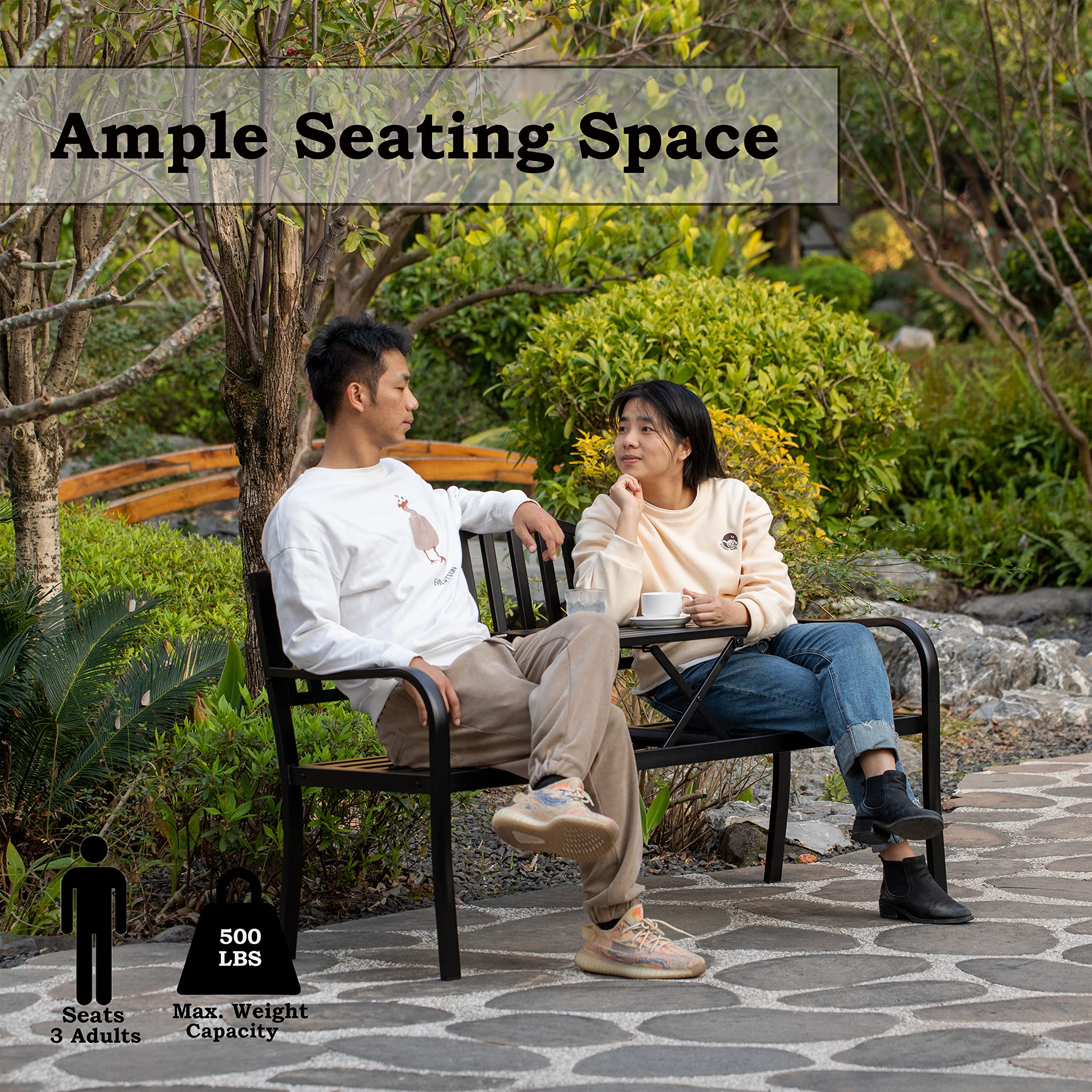 QI003461L Banco de parque de acero con recubrimiento en polvo para exteriores, banco de jardín con mesa central emergente, banco de asiento para decoración de césped para patio, jardín, 4
