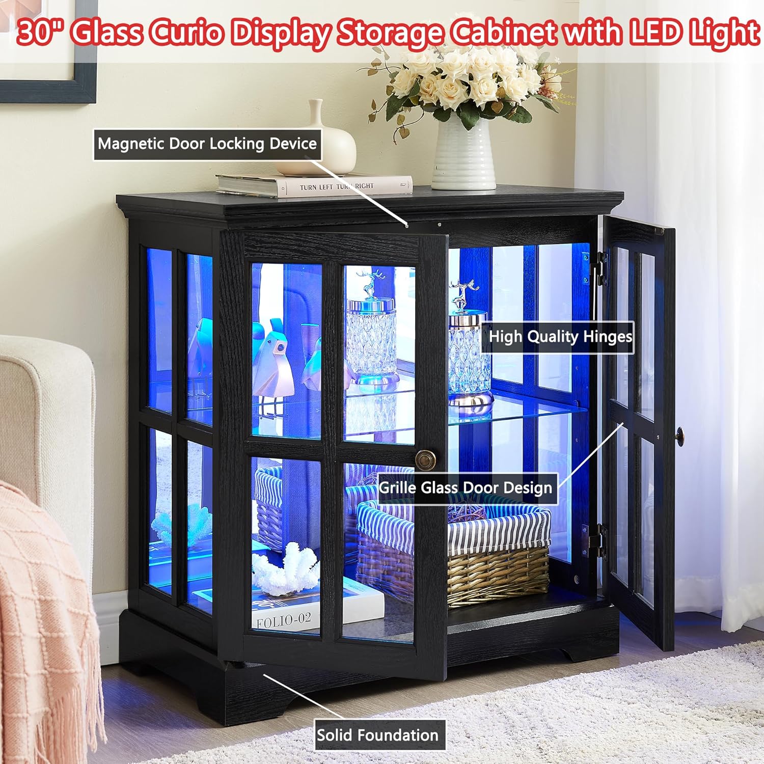 30" Glass Curio Display Storage Cabinet with LED Light, Modern 2 Lattice Doors Tableware Display Sideboard w/Adjustable Shelves, Retro Design Quality Showcase Bookcase for Home (Black)