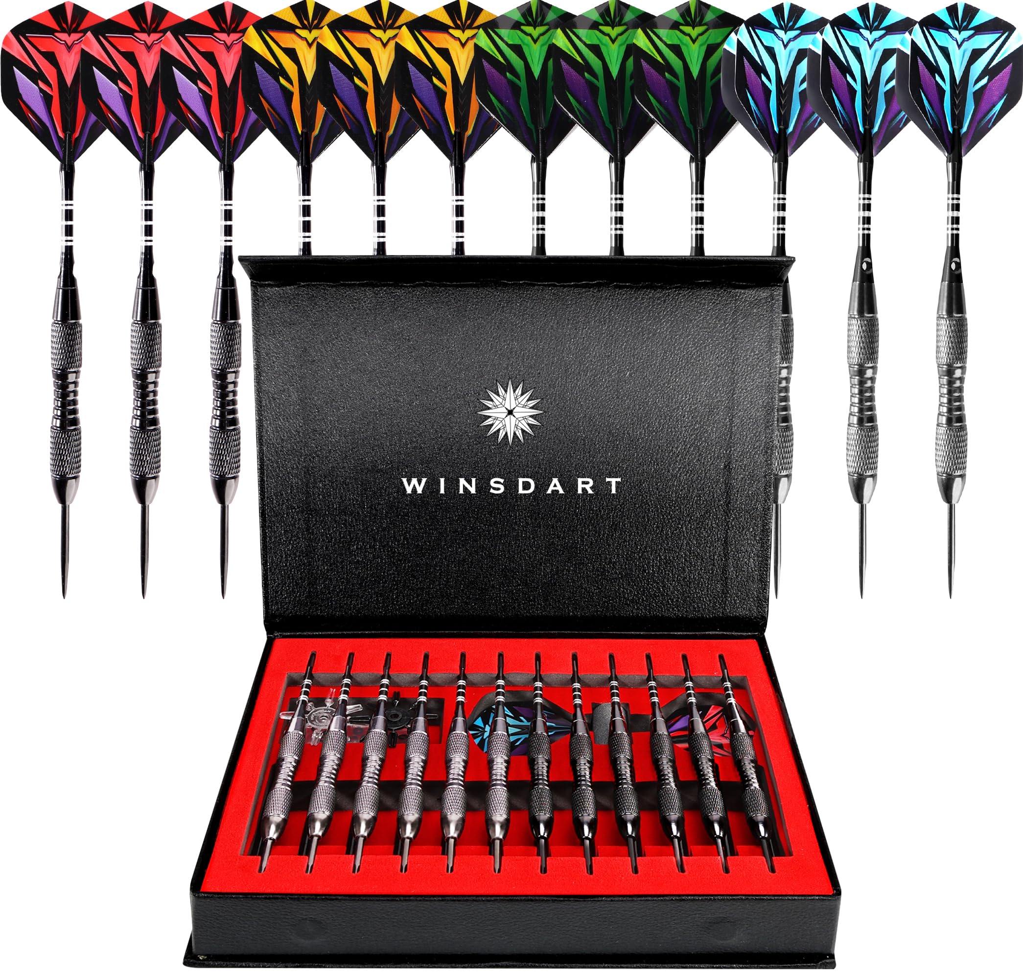 WINSDART ADKX Steel Tip Darts 12 Pack Set with Nonslip Iron Barrel Aluminum Dart Shafts and Flights + Darts Sharpener + an Gift Box (Darts-J)