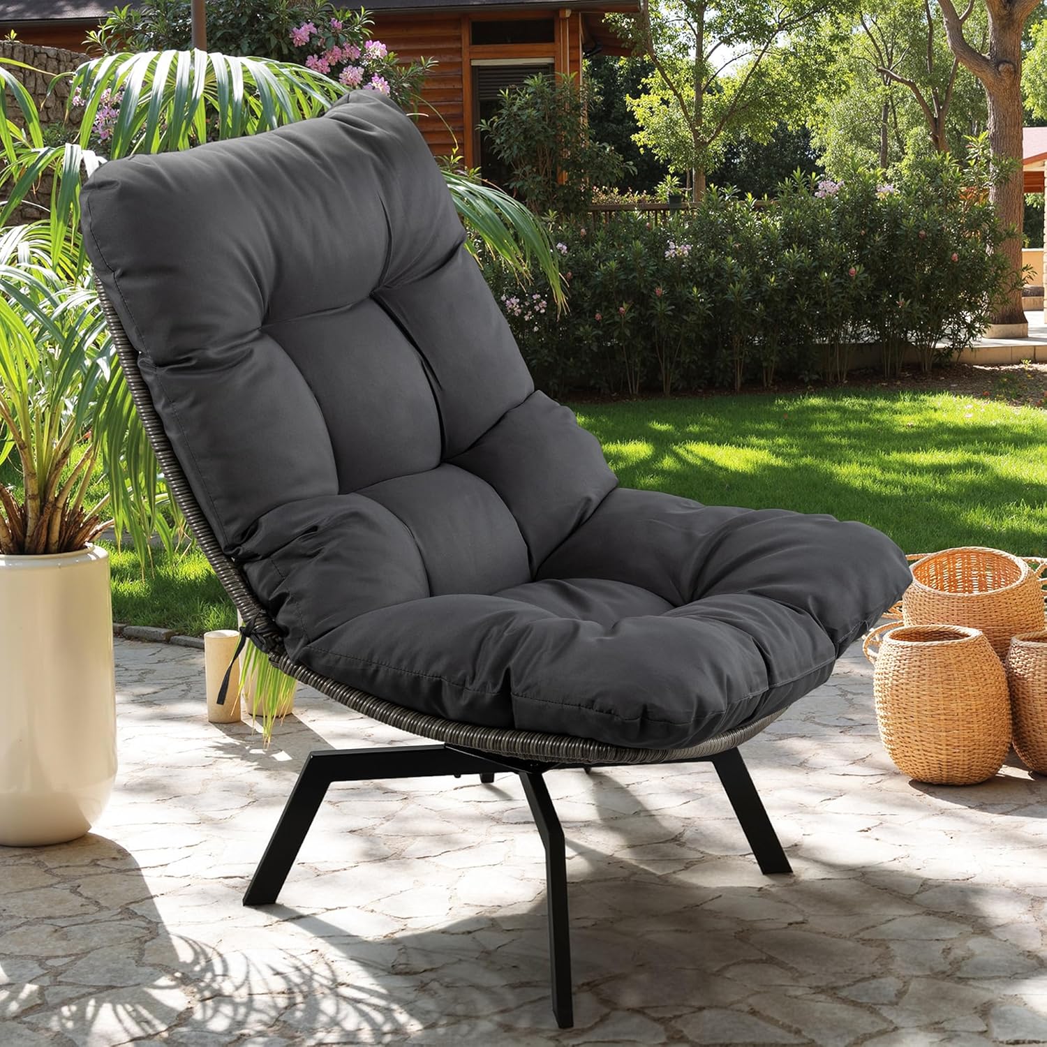Vongrasig Swivel Wicker Chair PE Rattan Chair with Cushion, Oversized Patio Lounge Chair for Outdoor, Indoor, Balcony, Backyard, Garden, Living Room, Black Rattan