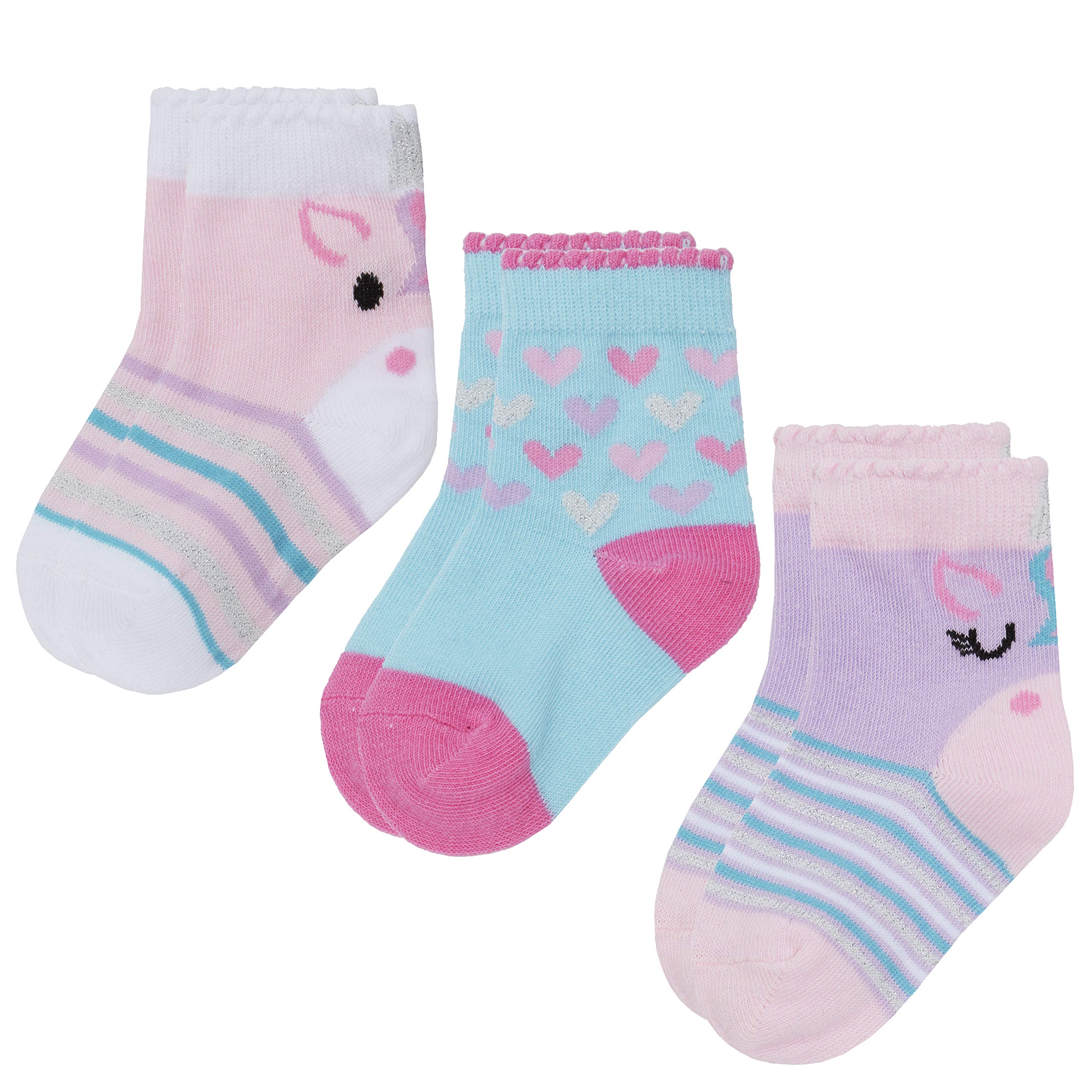 Metzuyan Women's Pink Unicorn Baby Girls 3 Pairs Novelty Design Scallop Edge Cotton Rich Socks Pink 0-2.5