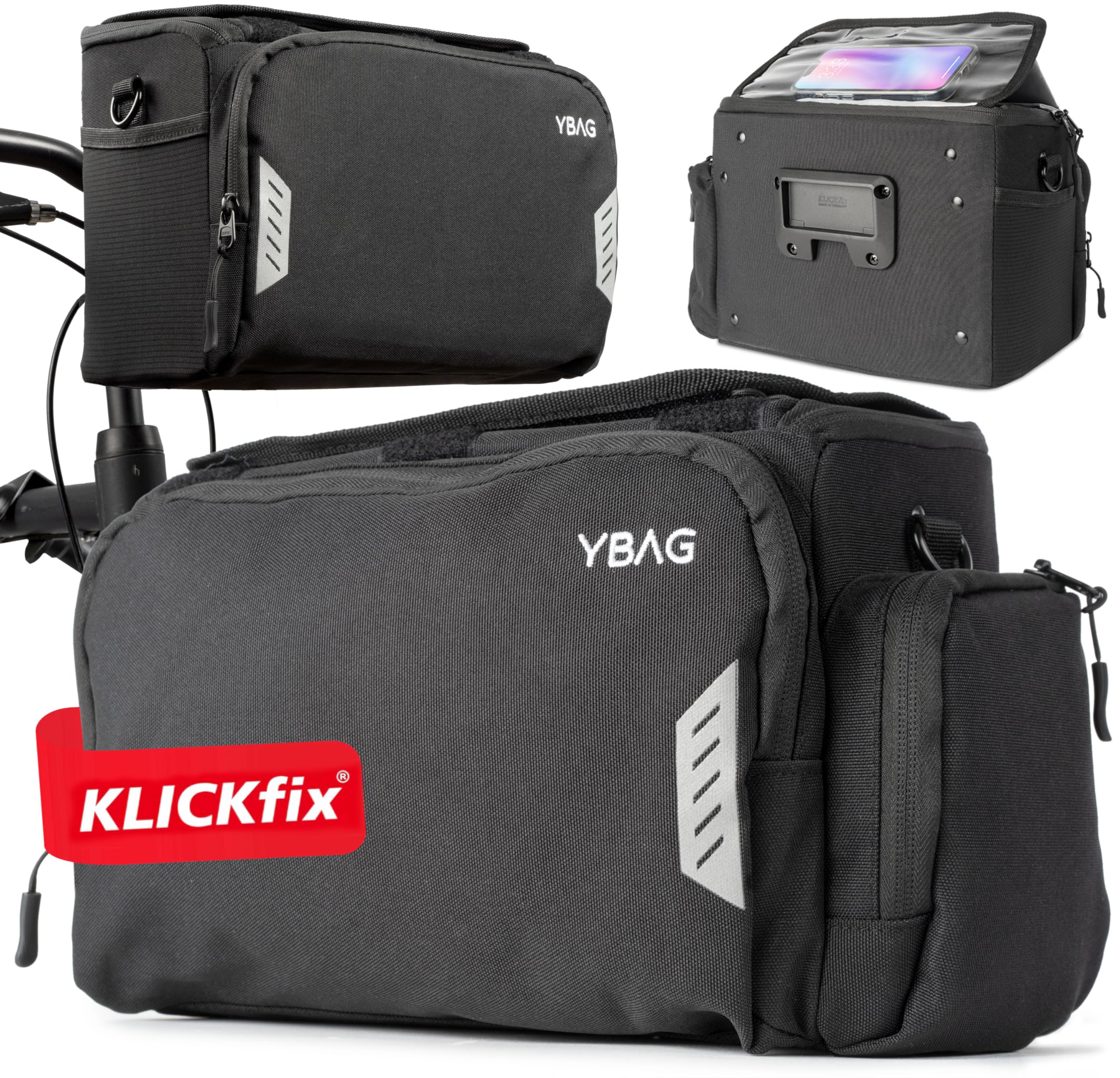 YBAG - Sacoche de guidon de vélo durable compatible avec KLICKfix (convient pour vélo électrique) - Grand volume et de nombreux compartiments - Imperméable avec housse de pluie