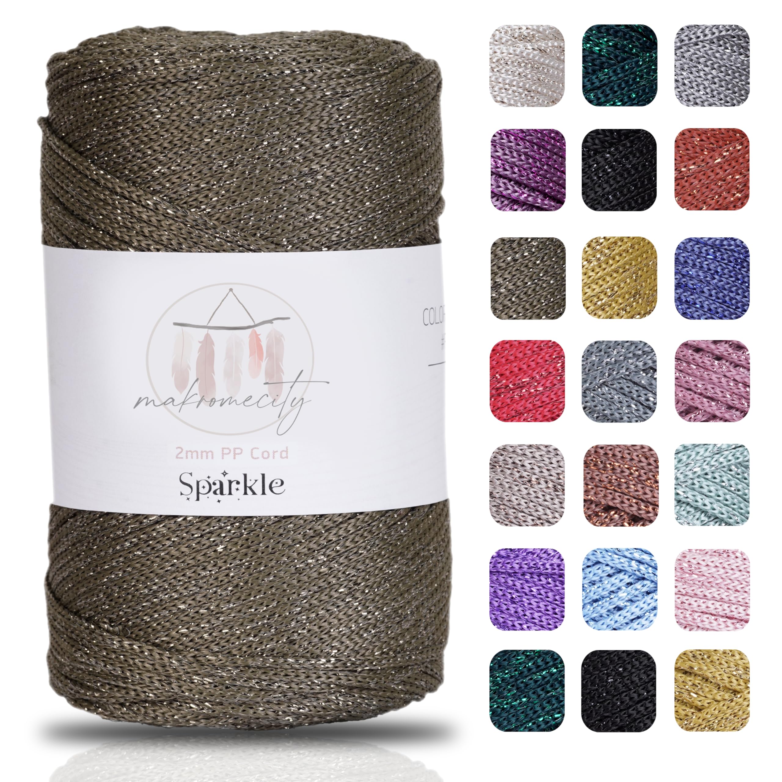 Makromecity Sparkle Polyester Macrame Cord, 2mm x 250 Yards (750 feet), Olive Drab Sparkle, 5 cm Length