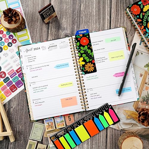 Miniatura 4 de GNILLKO Agenda 2024, planificador mensualsemanal floral oscuro, enero 2024 a diciembre 2024 planificador diario con bolígrafo de color, pestañas,