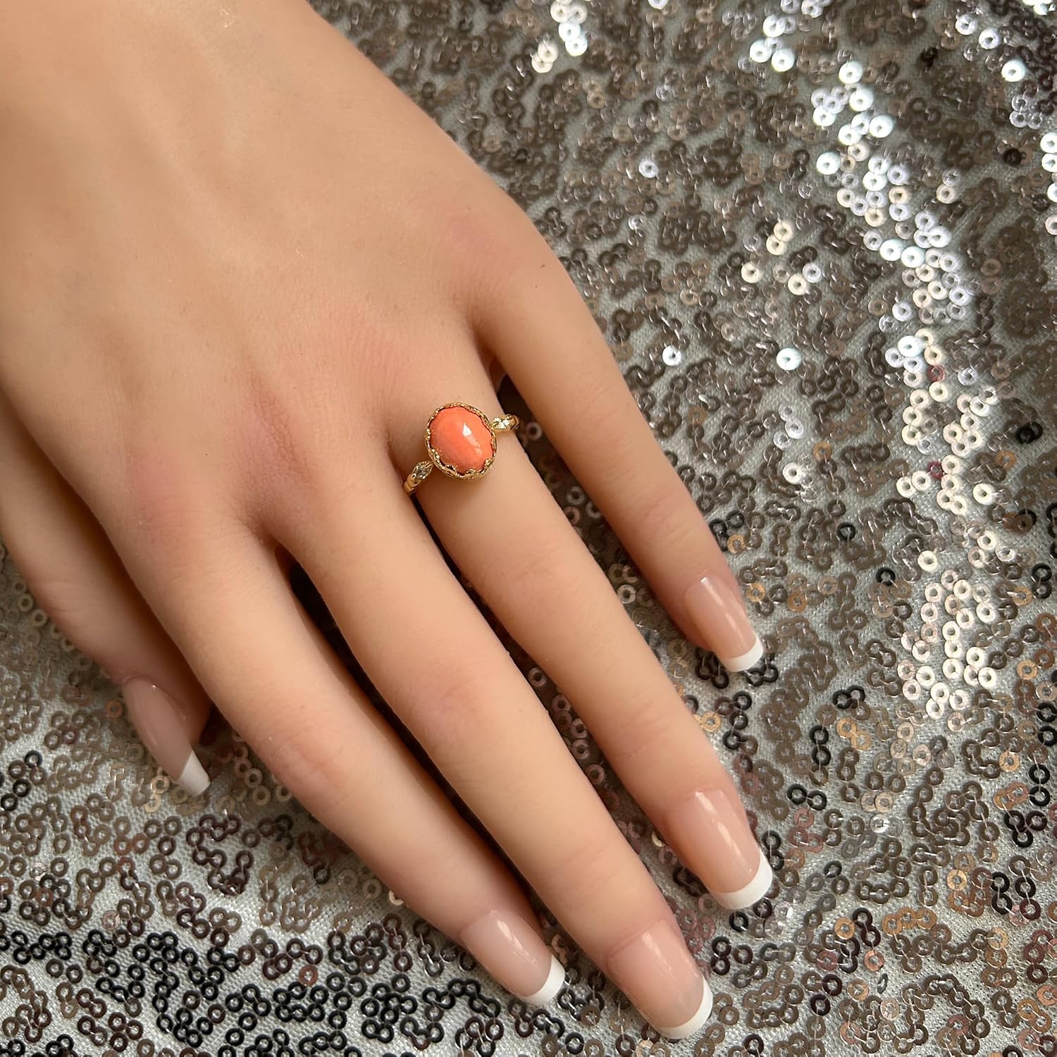 Coral Ring - Genuine Gemstone - Statement Ring - Peach Coral Ring - Vintage Band - Bezel Ring - Gold Ring - Oval Ring