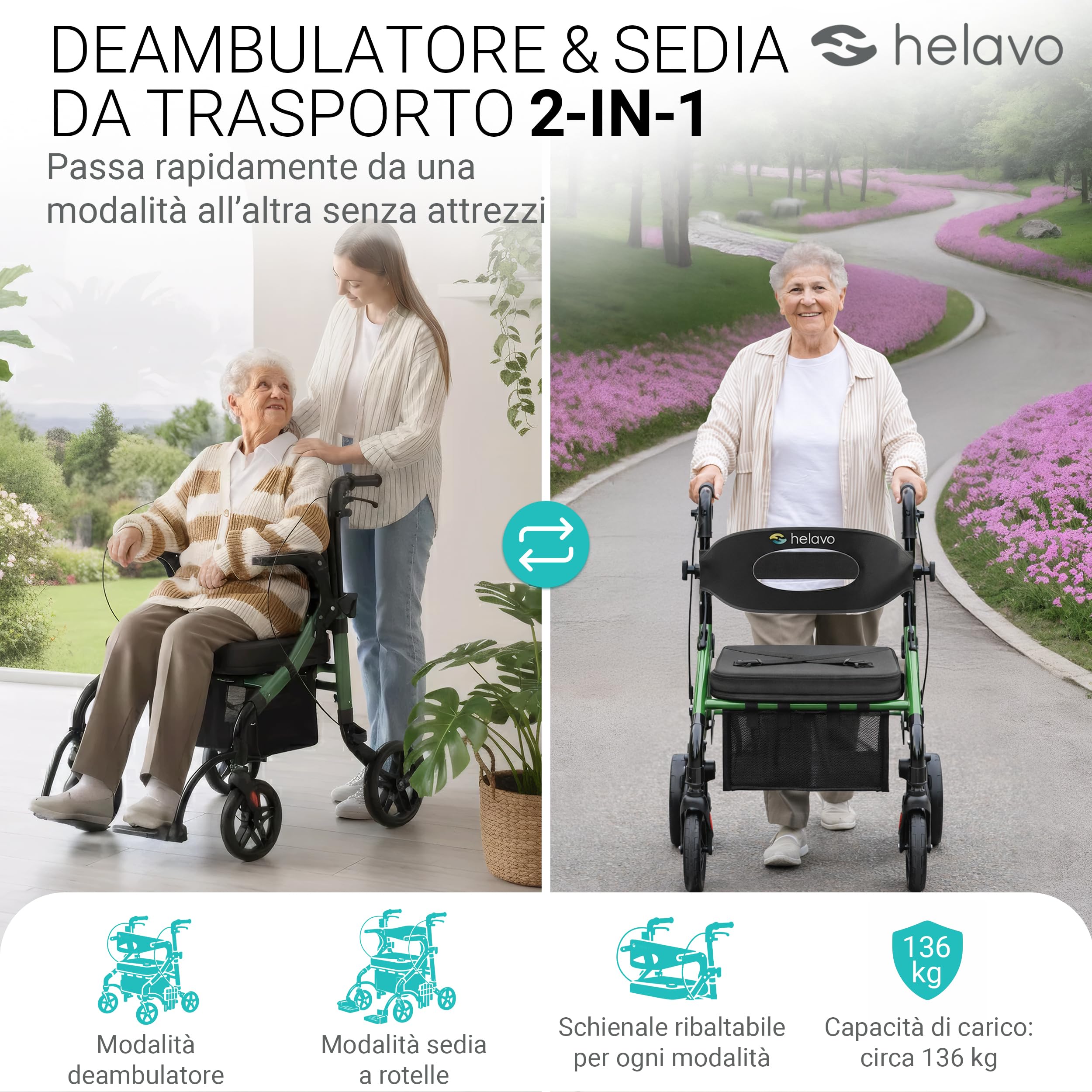 Helavo Deambulatore 2 in 1 e Sedia a Rotelle con Ruote All-Terrain – Deambulatore Sedia a Rotelle Pieghevole e Leggero, Regolabile in Altezza, Portata fino a 136 kg