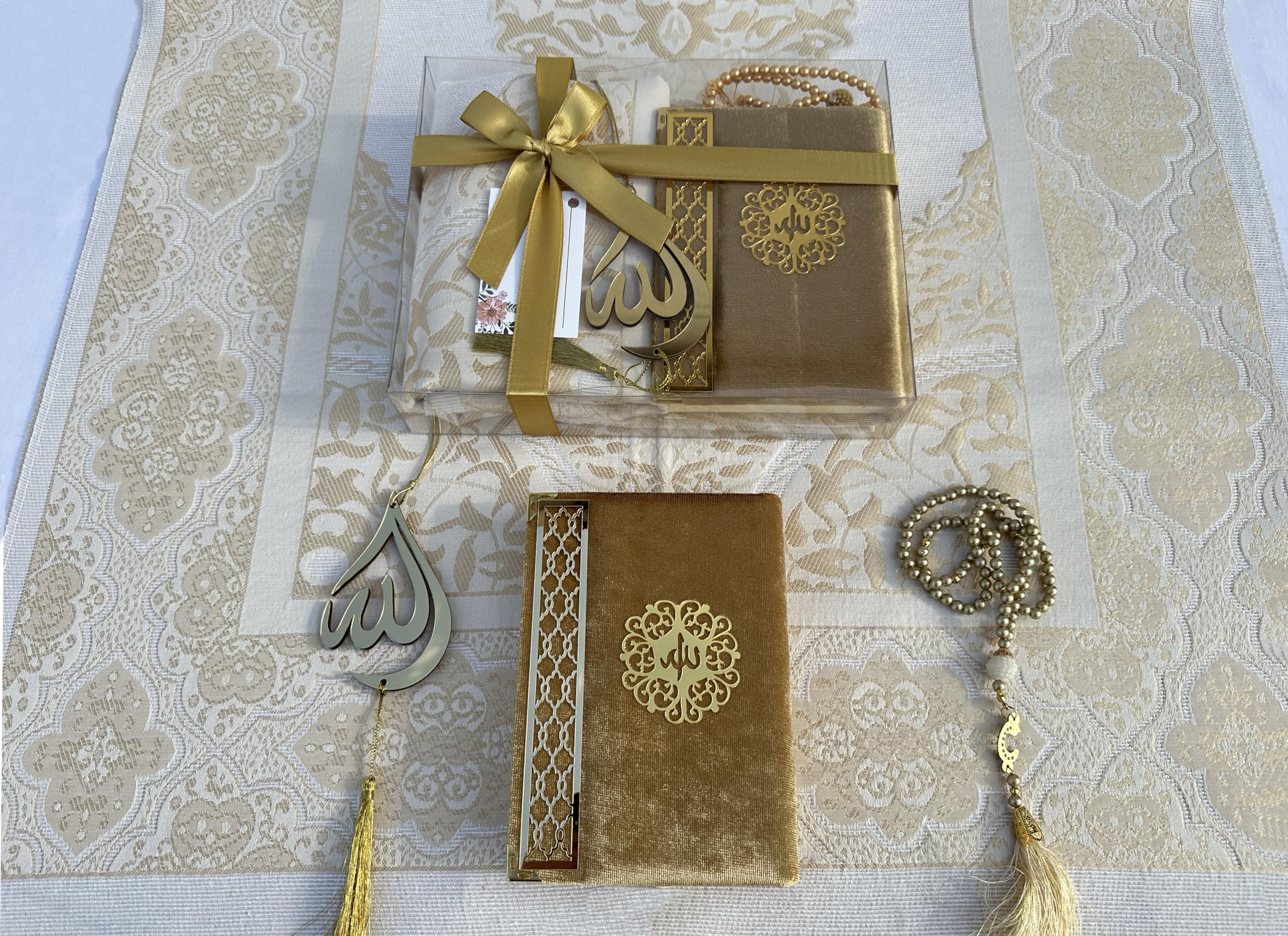 SAIKA Prayer Rug Set with Thanks Card, Full Arabic Quran Prayer Rug, Beads and Car Hanger Set,Ramadan Eid Wedding Birthday Graduation Mother's Day (Gold)