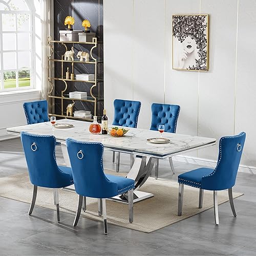 Miniatura 14 de Juego de mesa de comedor de mármol de 9 piezas para mesa de comedor grande de mármol blanco de 8 y 94 pulgadas con base de acero inoxidable en forma