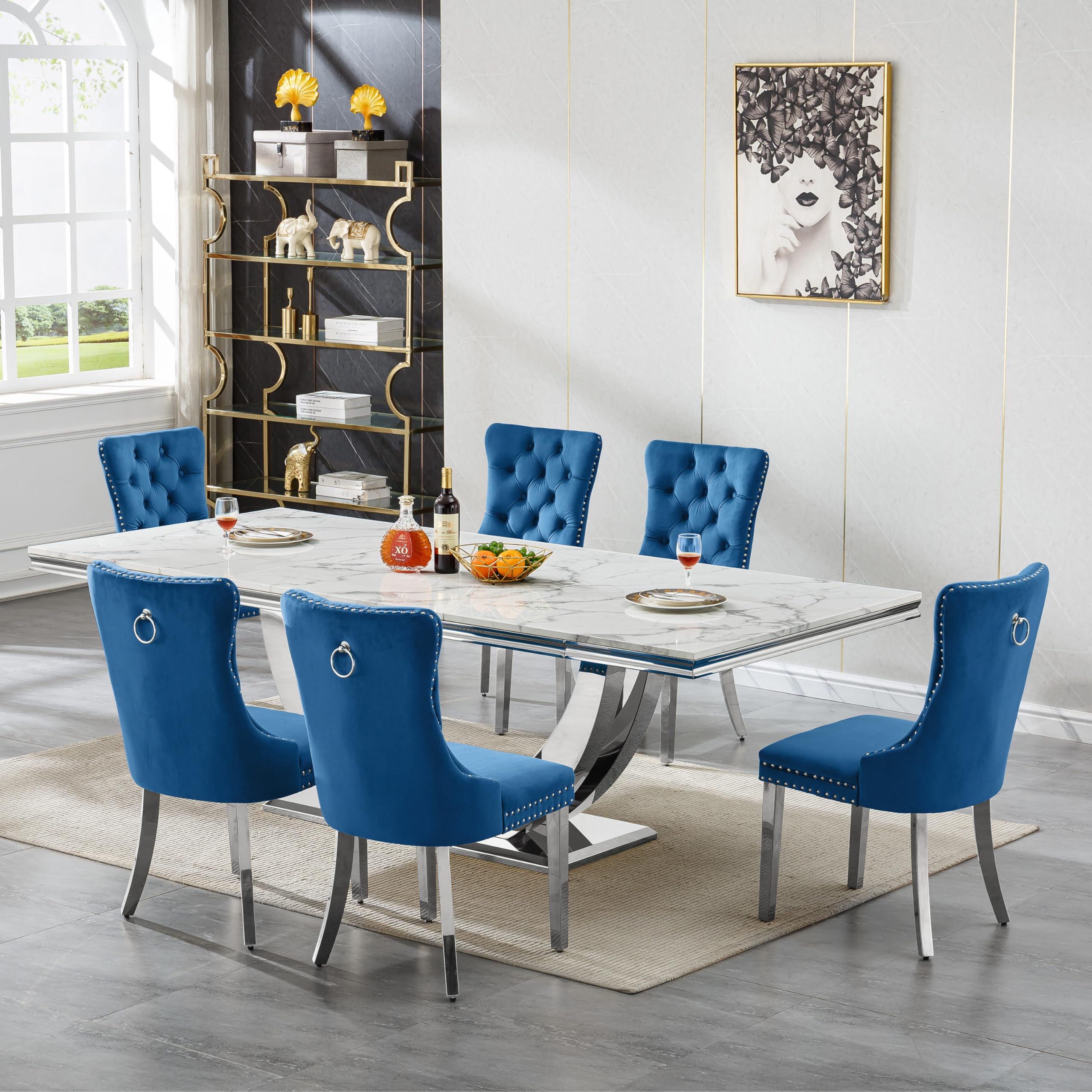 94.5" Large Marble Dining Table Set for 6, Luxury White Silver Kitchen Table with 6 Blue Velvet Dining Chairs, Modern Fuax Marble 7-Piece Dining Room Table Set for 6 w/Stainless Steel U-Base