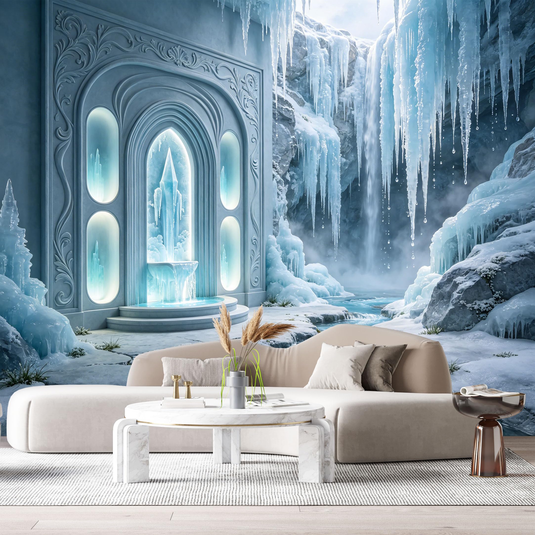 Custom Size Wall Murals Fantasy ICY Magical Landscape Crystal Castle Portal 3D Trompe L'Oeil SelfAdhesiveWall Fabric Removable Wallpaper Wall Decor for Living Room Bedroom Bathroom