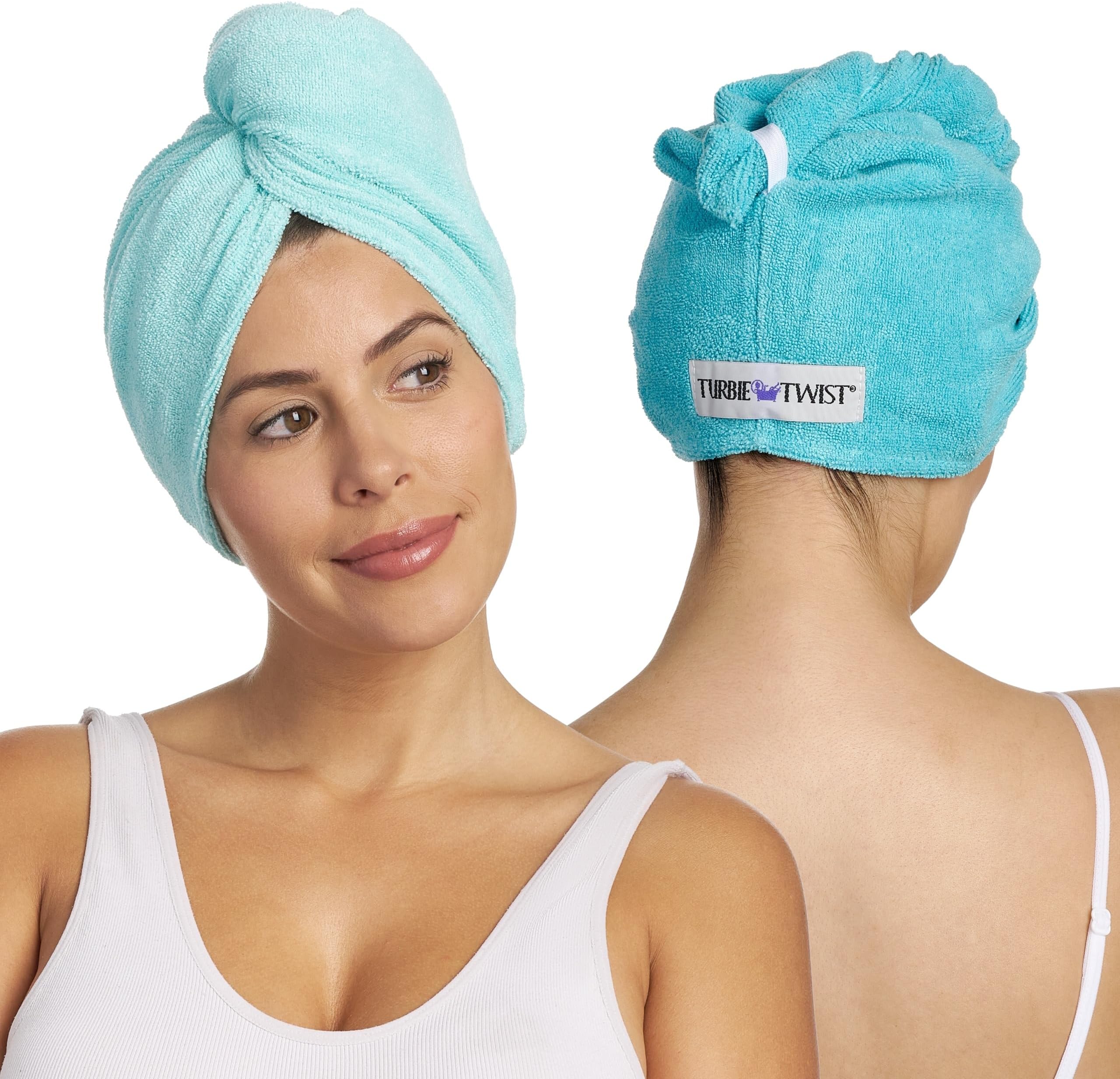 Turbie Twist 2-Pack Microfiber Hair Towel for Beauty, Travel, Gifting - Hair Wrap Turban for Straight, Wavy & Curly Hair - Premium Personal Care - Dark Aqua & Light Aqua